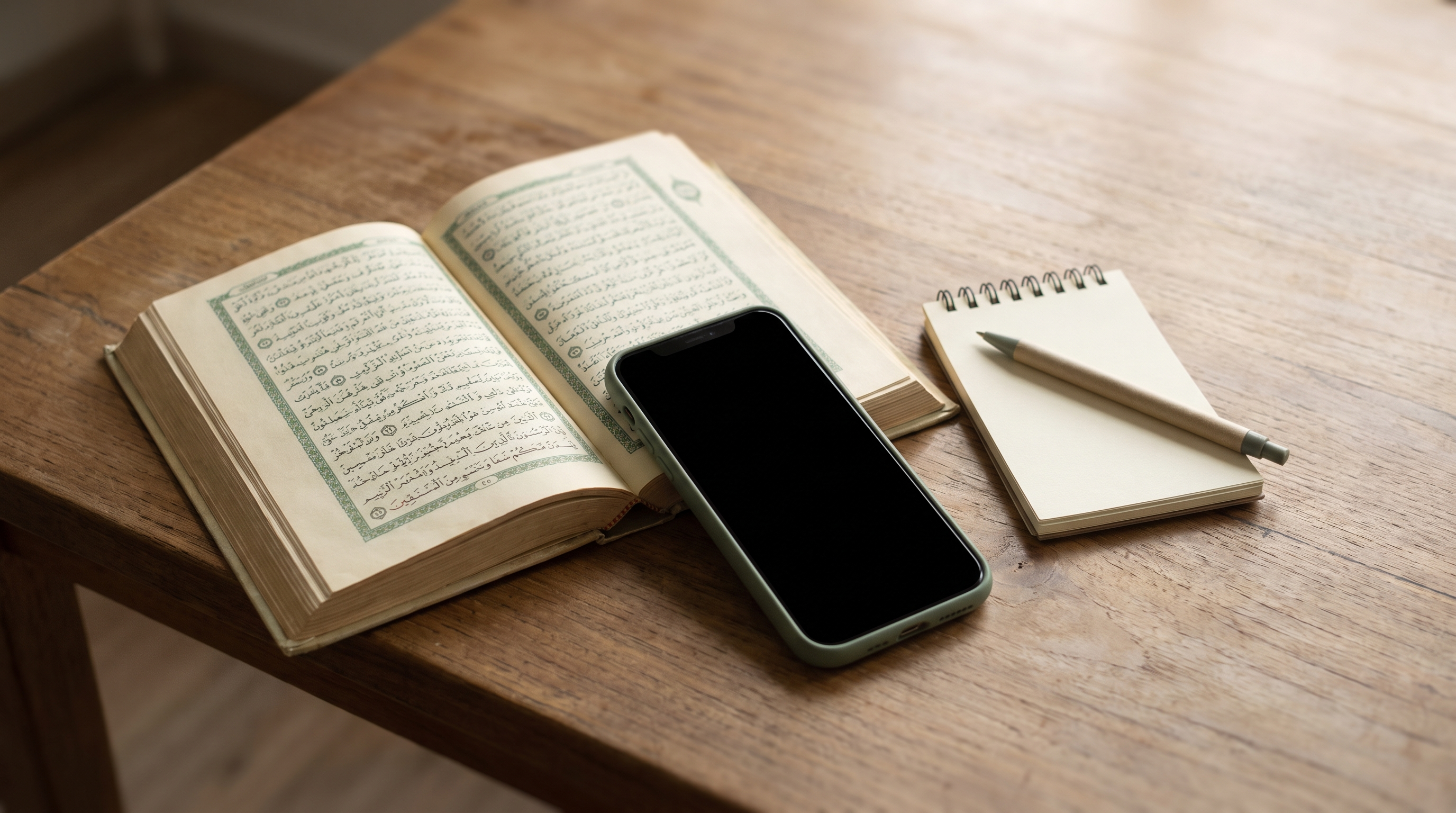 Smartphone resting beside an open Qur'an on a wooden desk in soft morning light