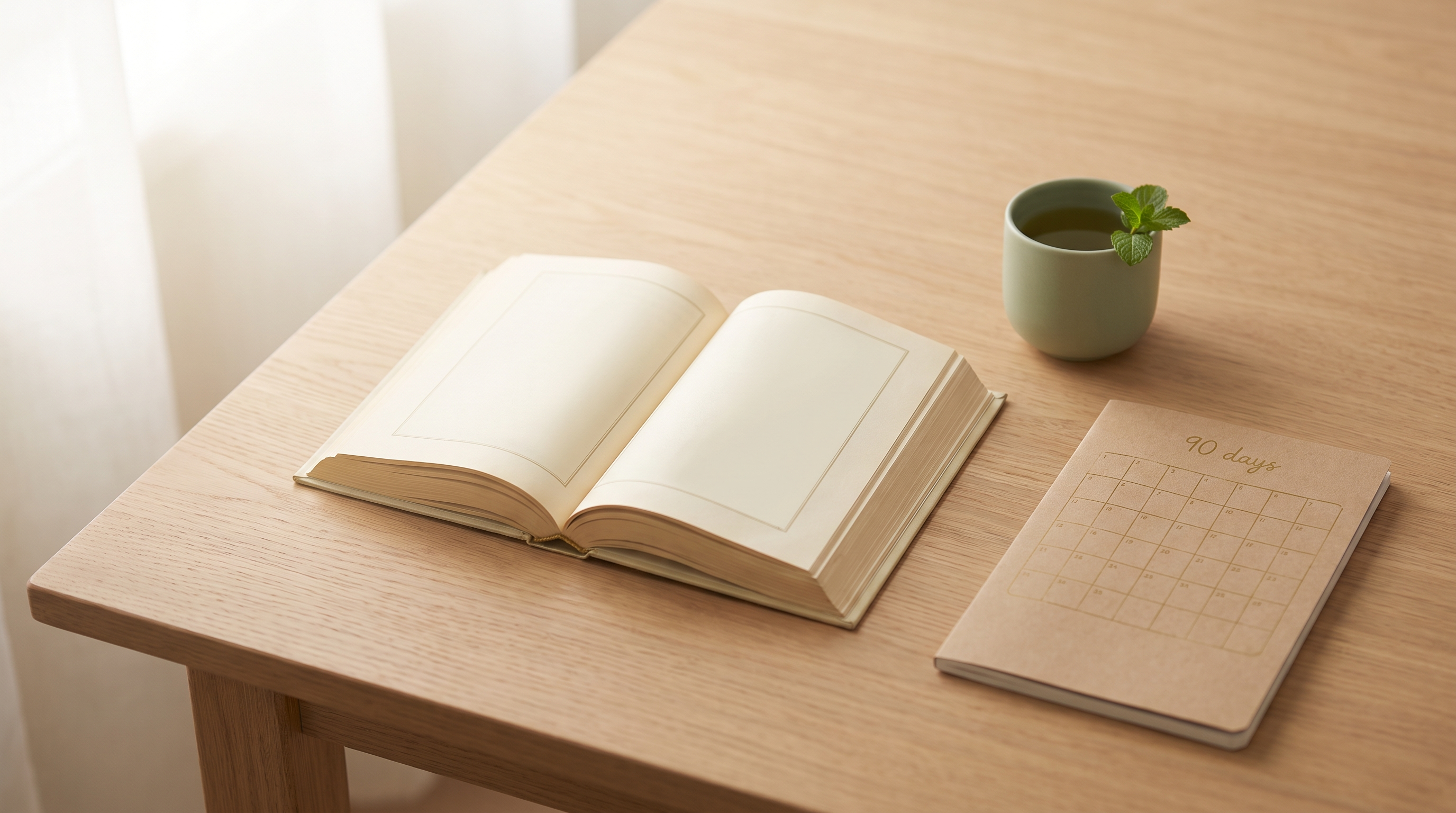 Open Mushaf on a wooden desk beside a notebook with a 90-day calendar grid, soft morning light