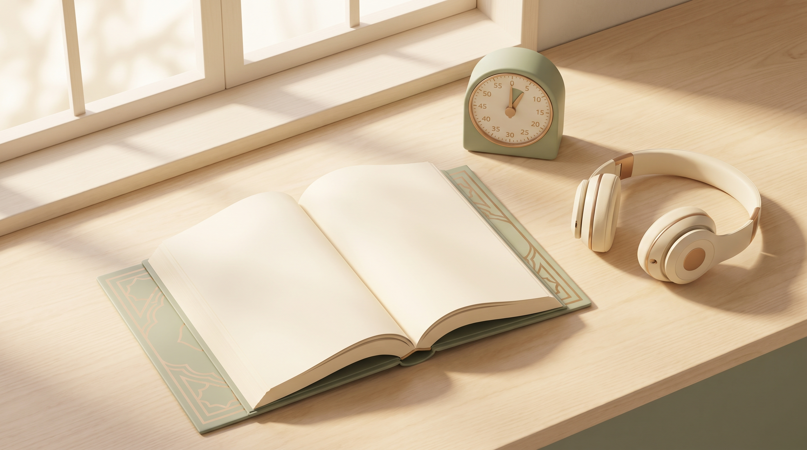 Open Qur'an on a wooden desk next to a small kitchen timer and headphones, symbolising short focused Hifz sessions.