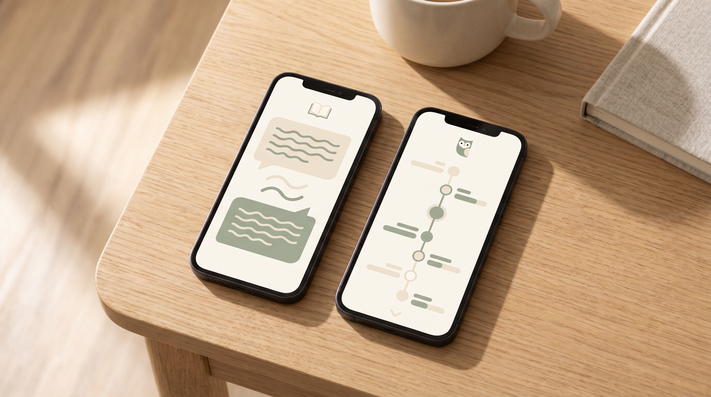 Two smartphones on a wooden desk in warm morning light, one showing a Qur'an reading layout and the other a vertical memorization learning path.