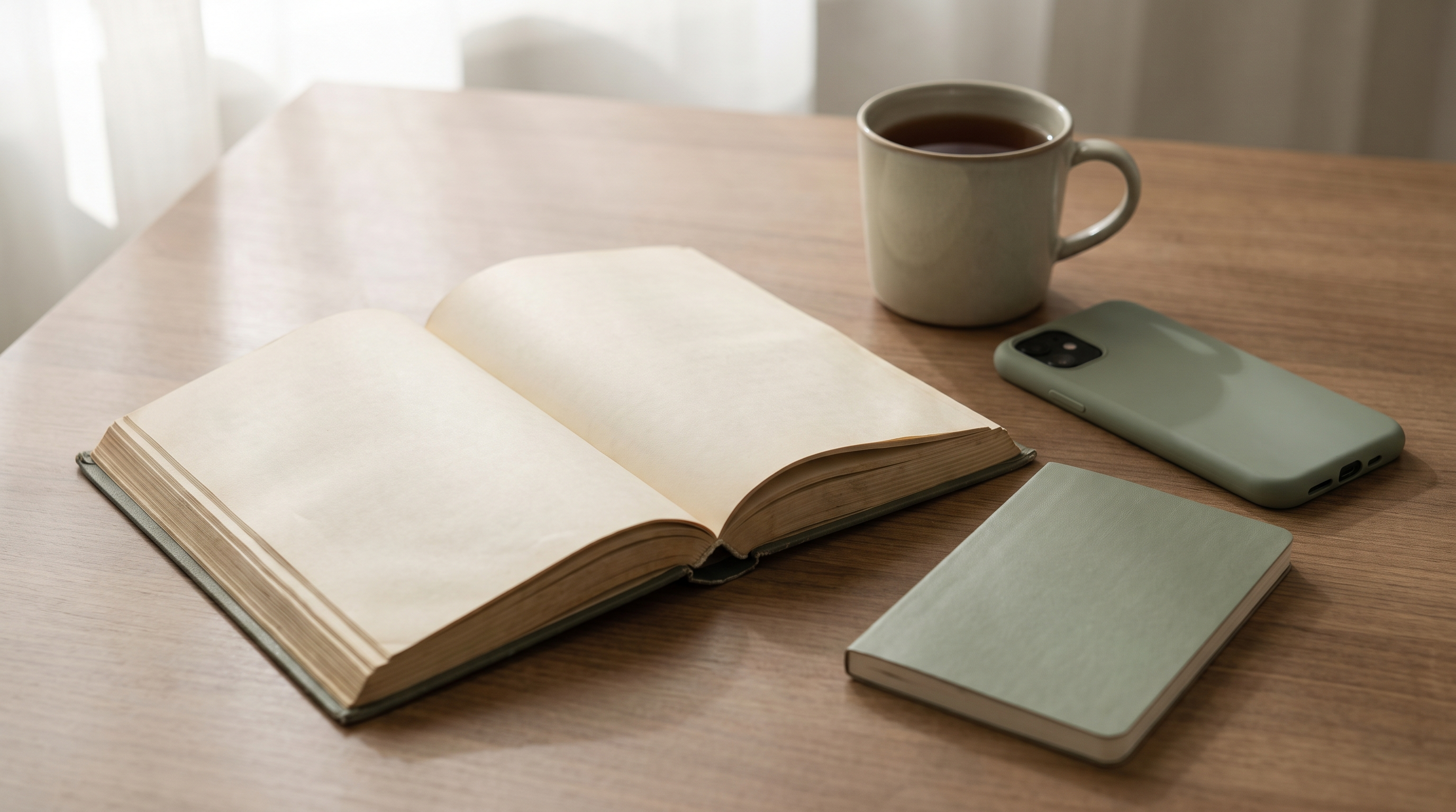 Overhead view of an open Qur'an on a wooden table beside a smartphone and a cup of tea in soft morning light.