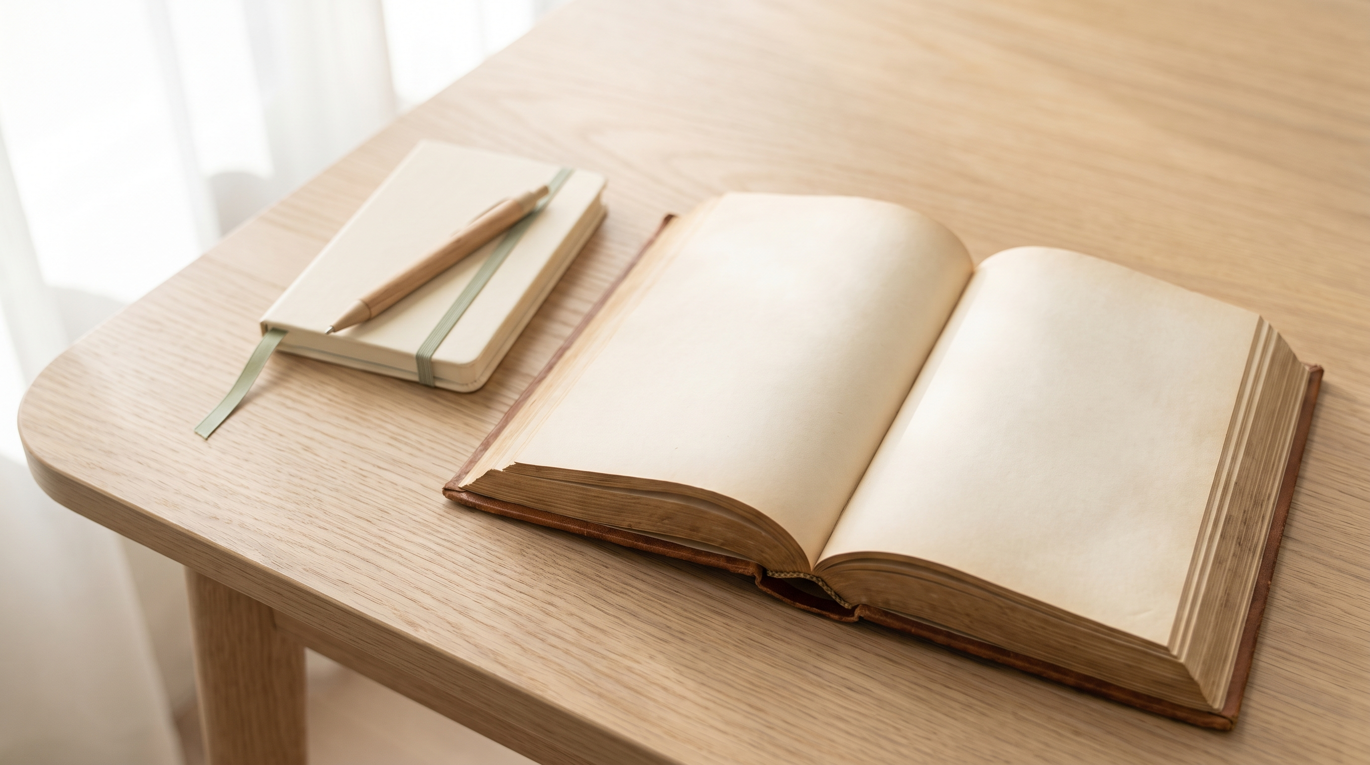 Overhead view of an open Qur'an on a wooden table next to a notebook and pen, soft morning light.