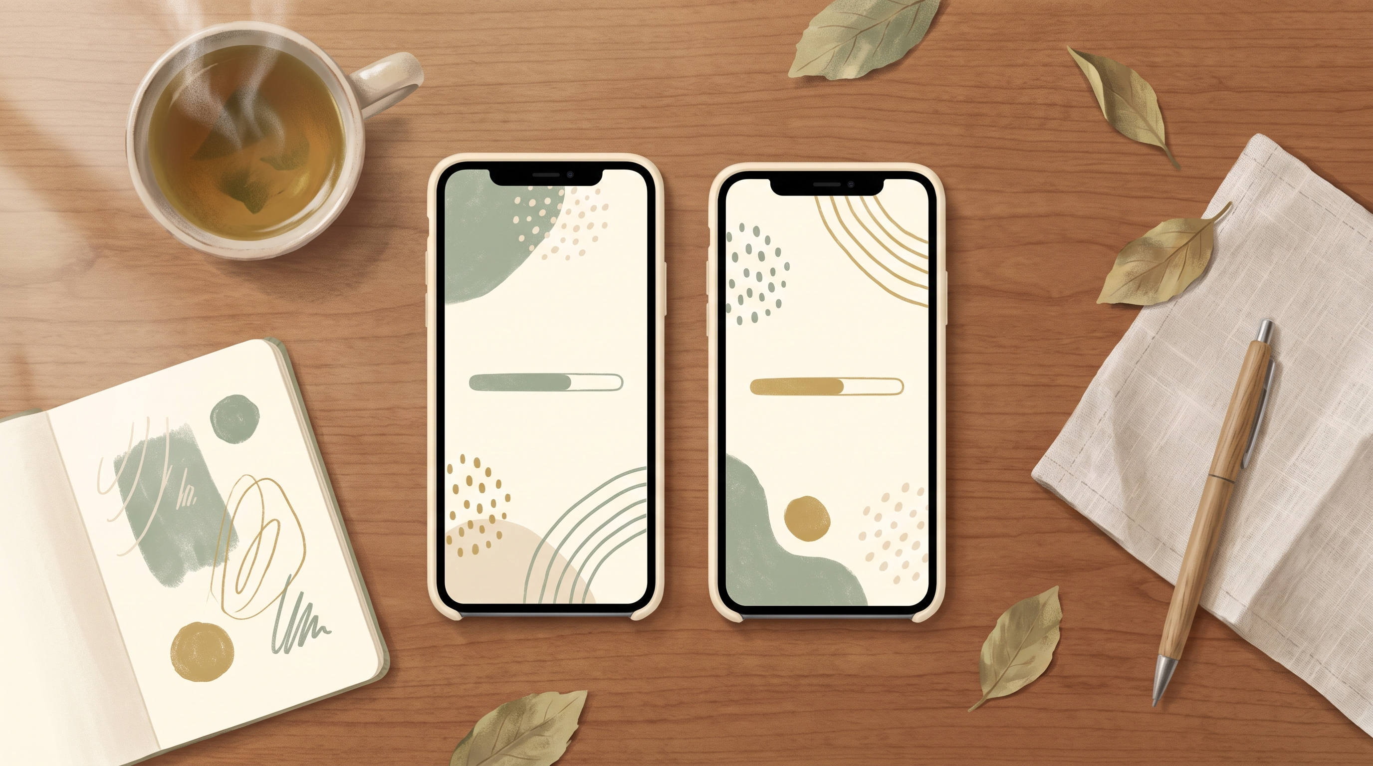 Two smartphones on a wooden table showing abstract Qur'an memorization app interfaces, symbolising a side-by-side comparison.