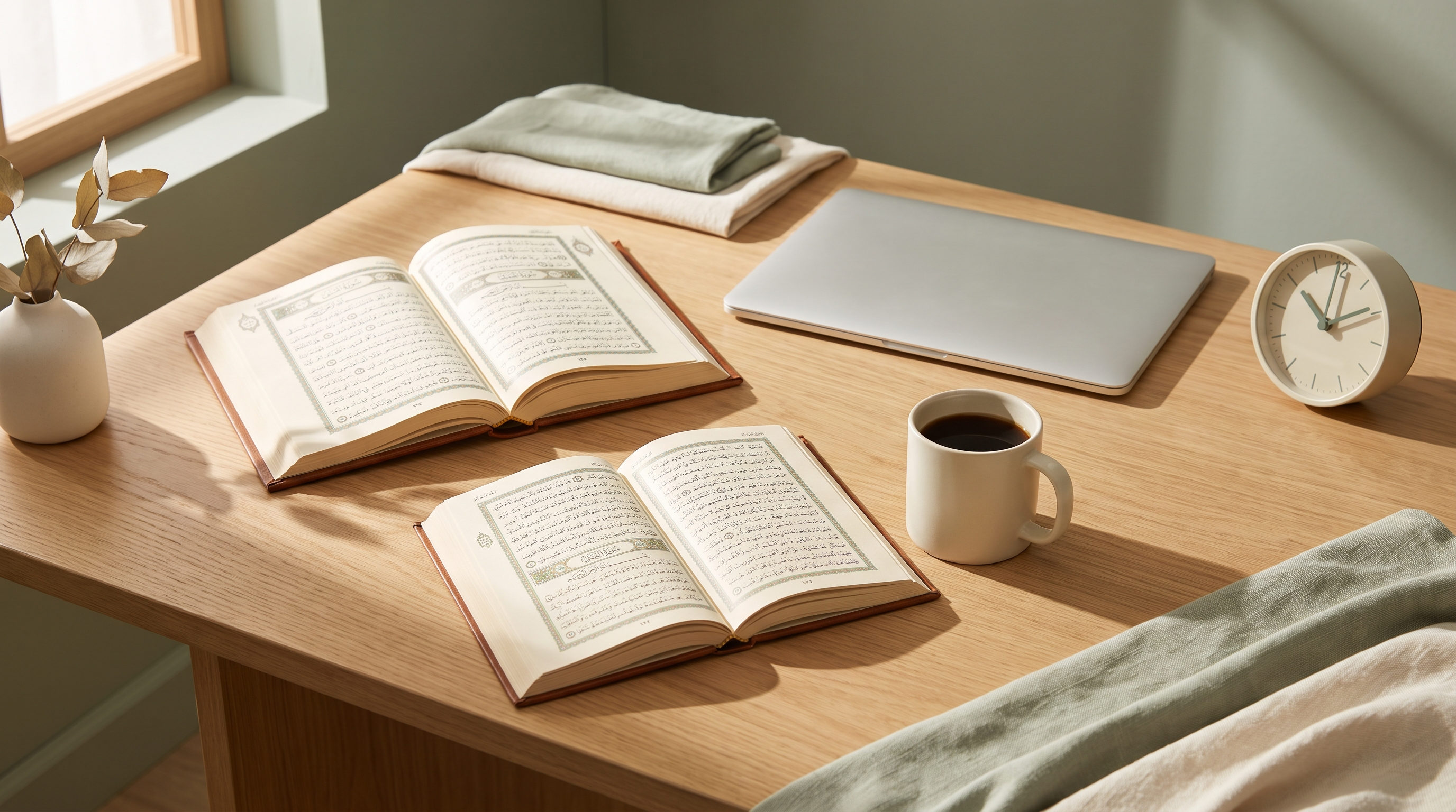 Open Qur'an resting on a wooden office desk next to a coffee cup and closed laptop, symbolising a working professional's Hifz routine