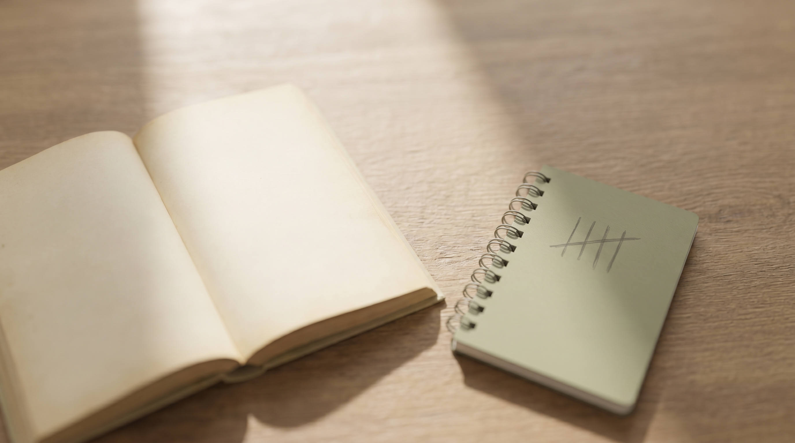 Open Qur'an on a wooden desk in soft morning light beside a notebook with a single fresh tally mark, symbolising a gentle restart.