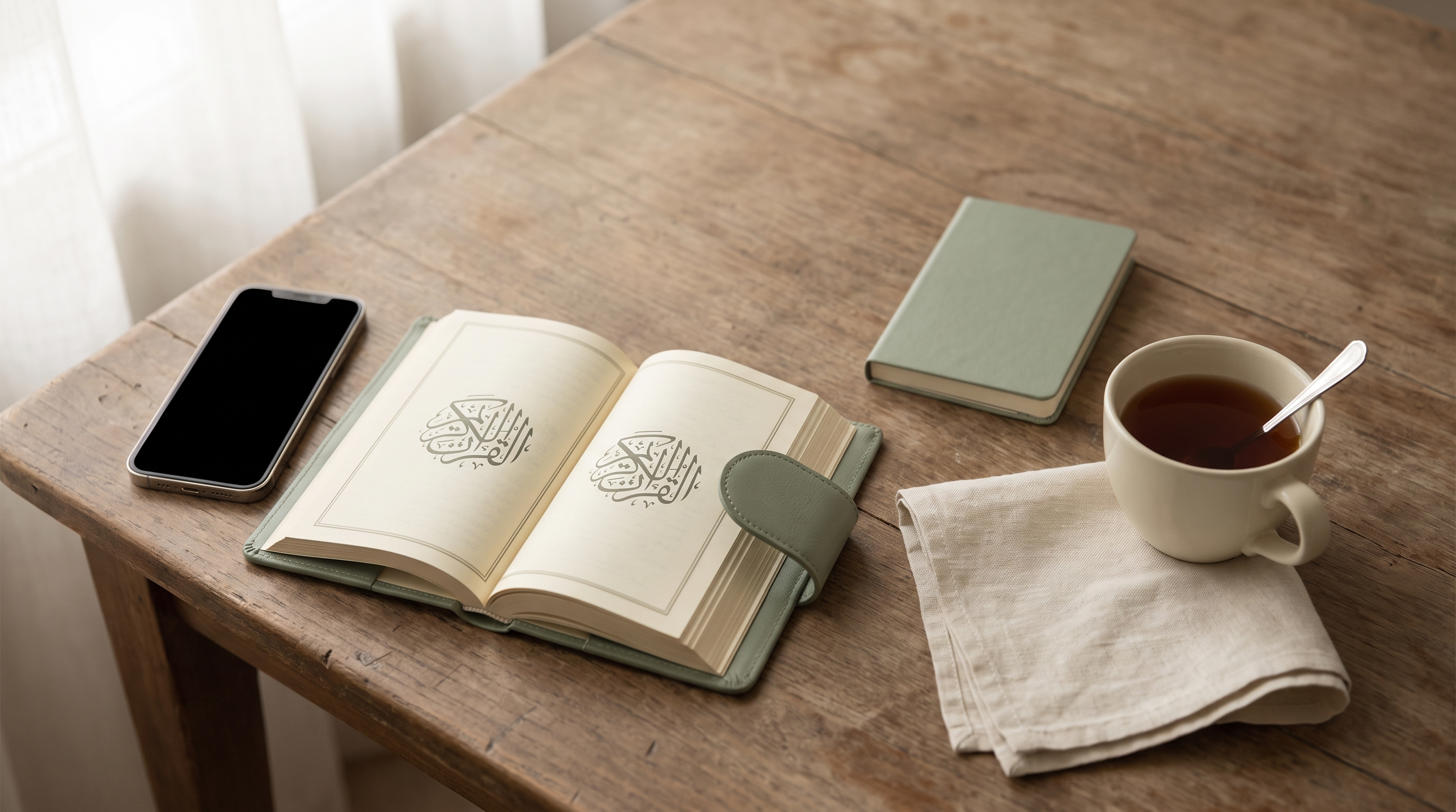 Smartphone resting next to an open Qur'an on a wooden desk in soft morning light, suggesting a daily memorization routine.