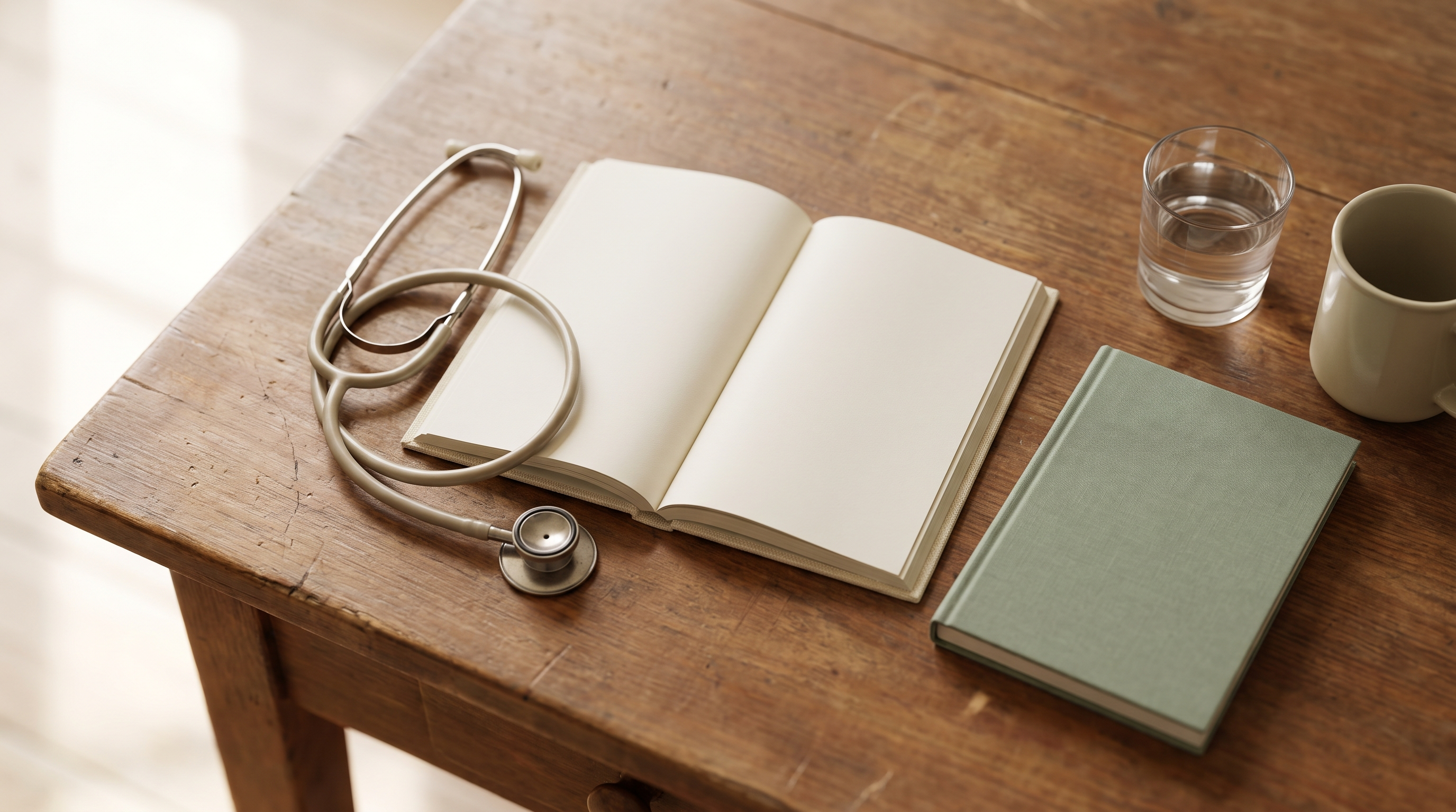 Overhead view of a stethoscope beside an open Qur'an on a wooden desk in soft morning light.
