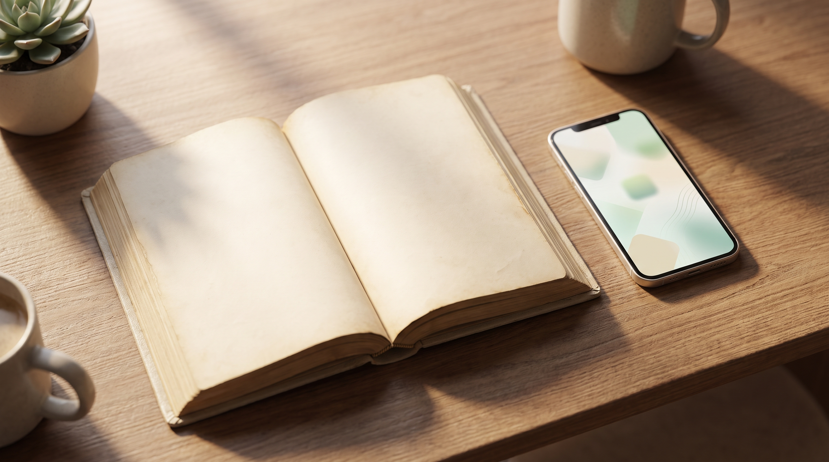 An open Qur'an on a wooden desk next to a smartphone displaying a soft, abstract memorisation app interface in morning light.