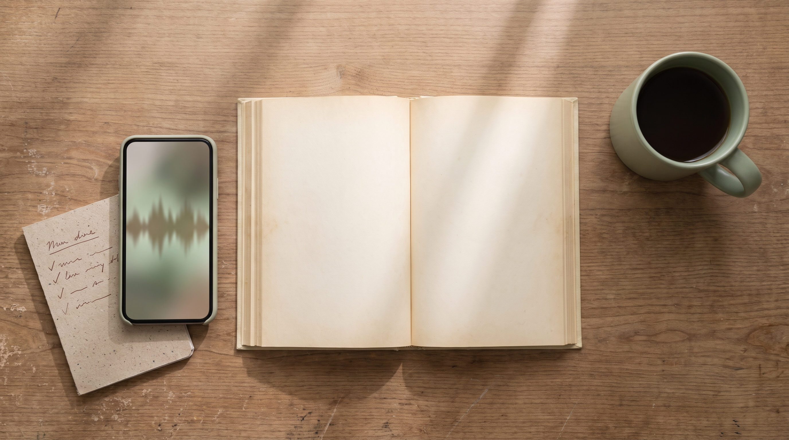 An open Mushaf on a wooden desk beside a smartphone with a soundwave and a handwritten weekly Hifz schedule.