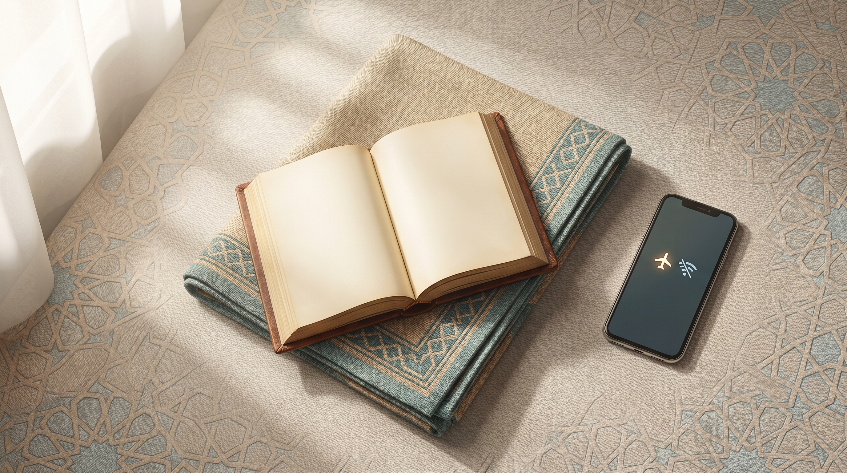 Open Qur'an on a folded travel prayer mat beside a smartphone in airplane mode, warm morning light.