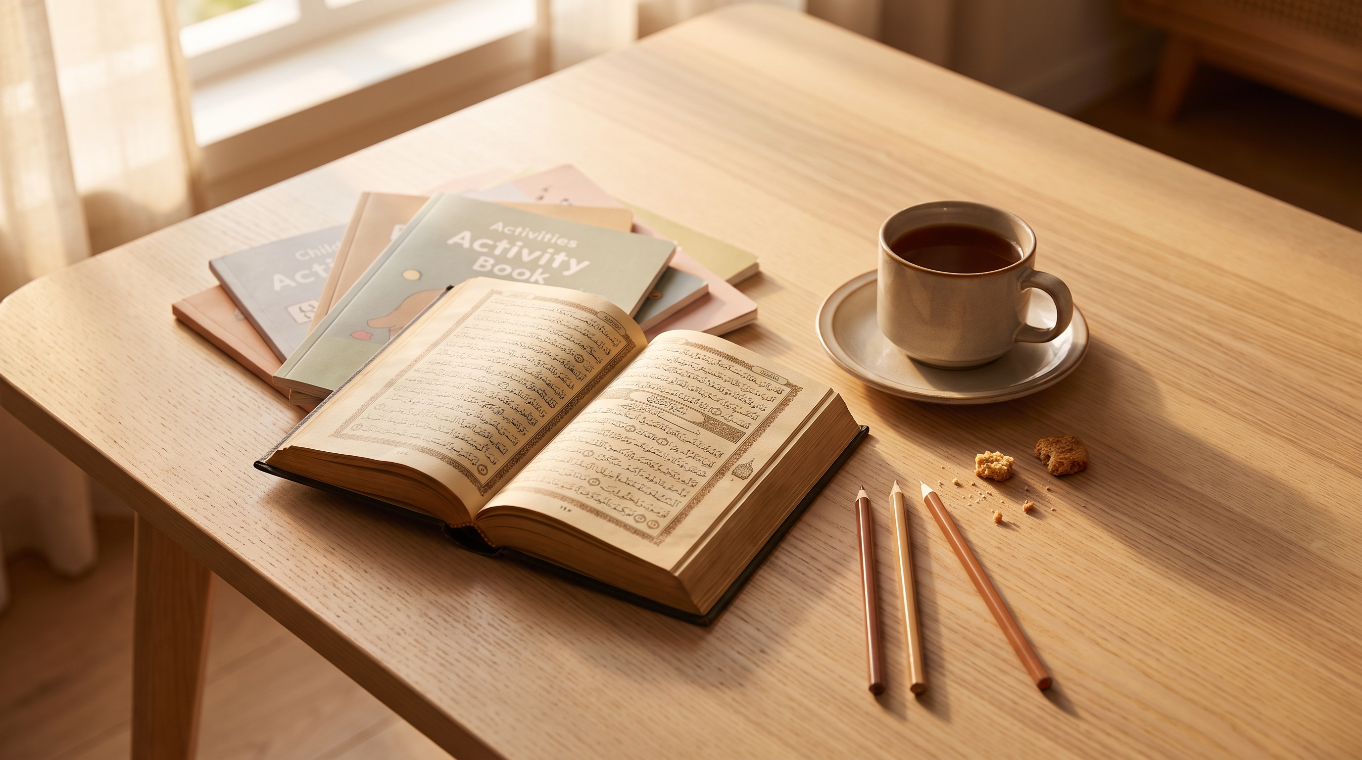Open Qur'an on a wooden homeschool table beside children's workbooks and a mug of tea in soft morning light.