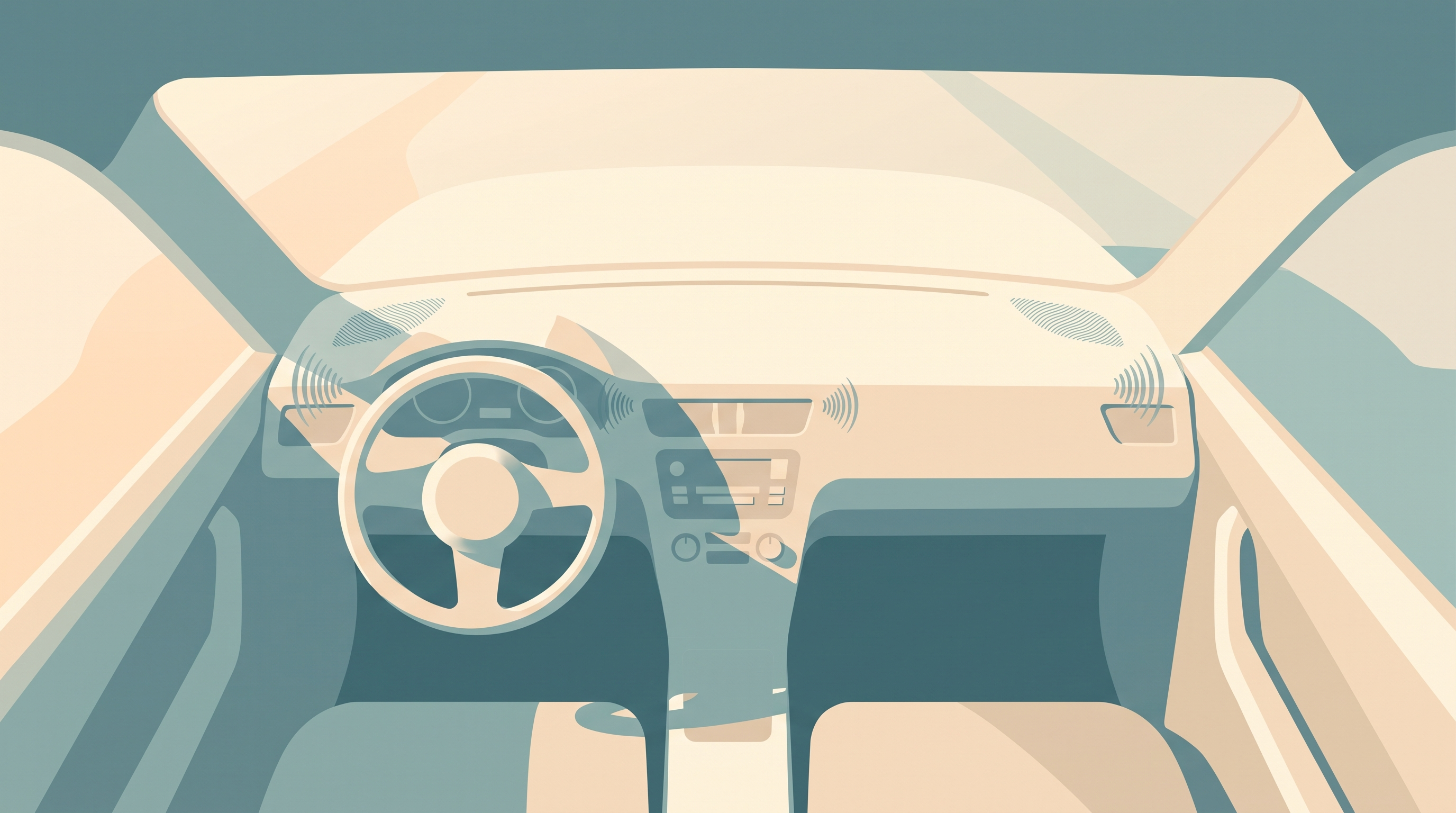 Minimalist overhead illustration of a car dashboard at dawn with soft morning light and abstract soundwave motifs, suggesting a calm audio-based commute.