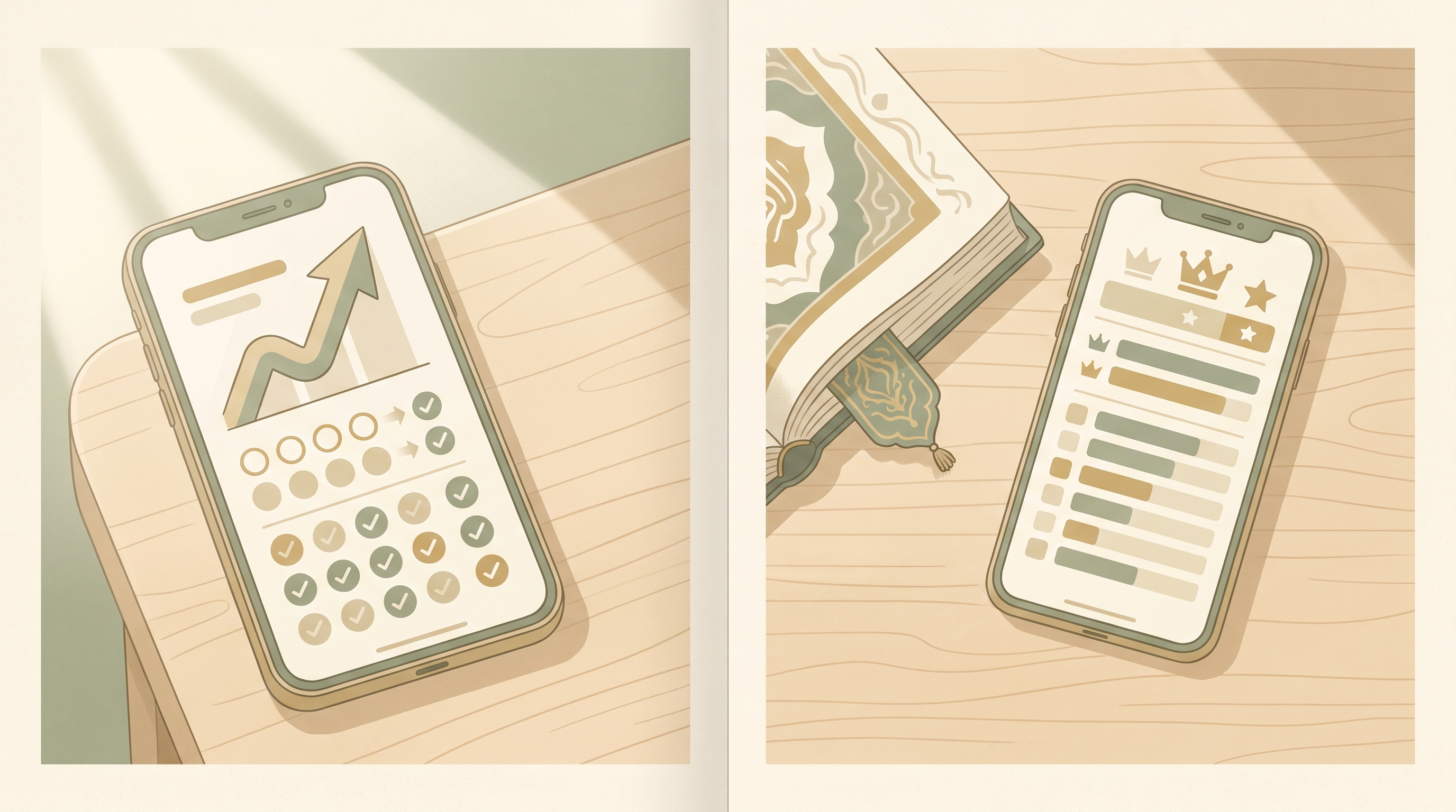 Two smartphones side by side on a wooden table next to an open Mushaf, illustrating a comparison between two Qur'an memorization apps.