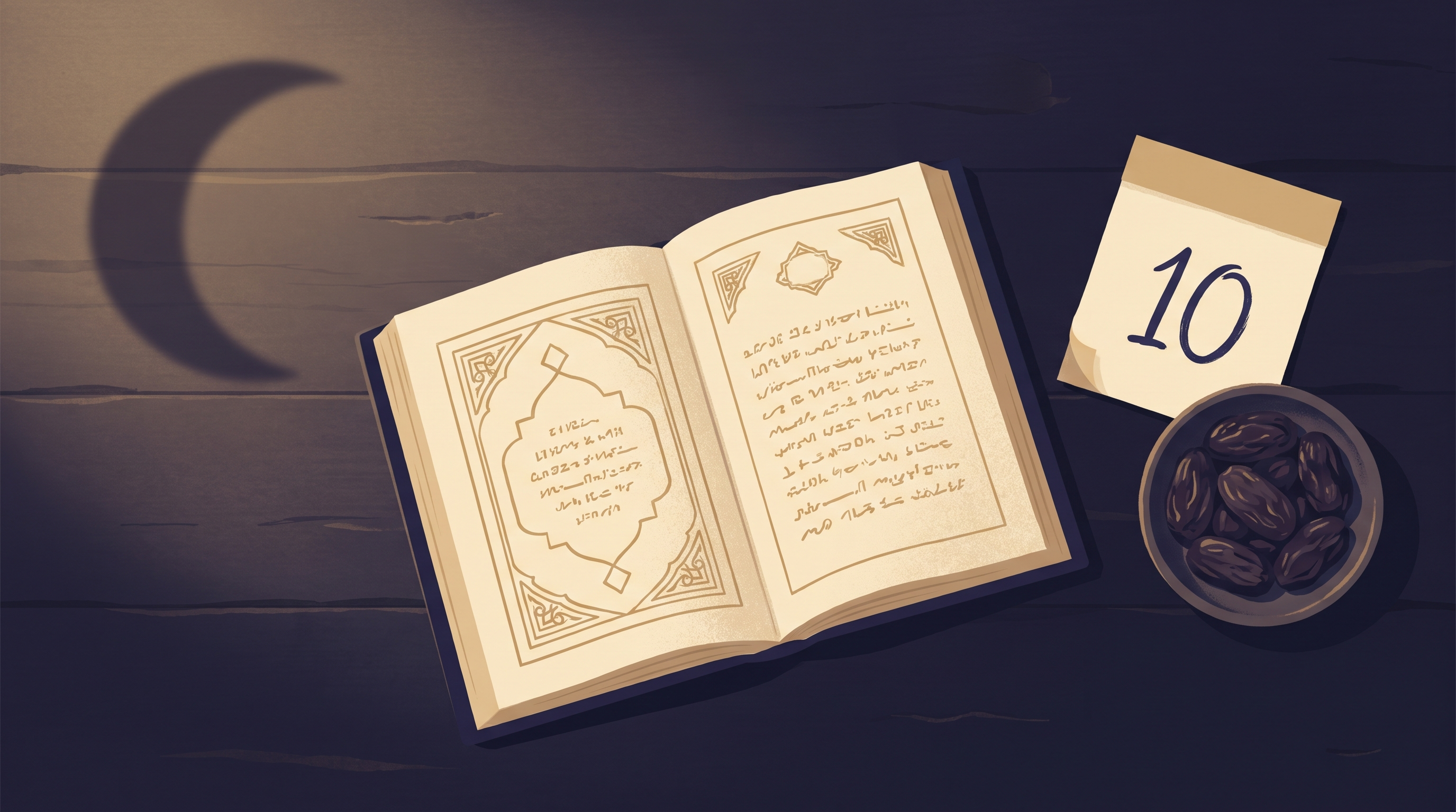 Open Qur'an on a dark wooden table beside a small calendar showing the number 10 and a cup of dates, warm predawn lighting.