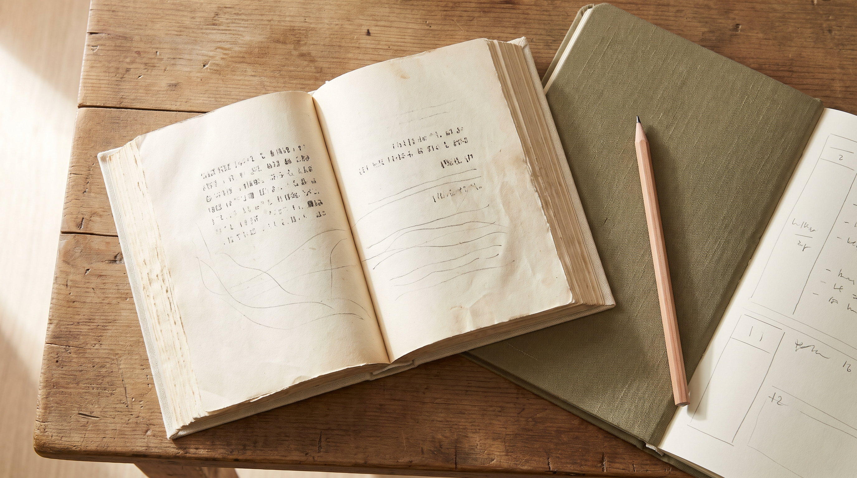 Overhead view of an open mus-haf on a wooden desk in soft morning light, with a pencil and notebook beside it.