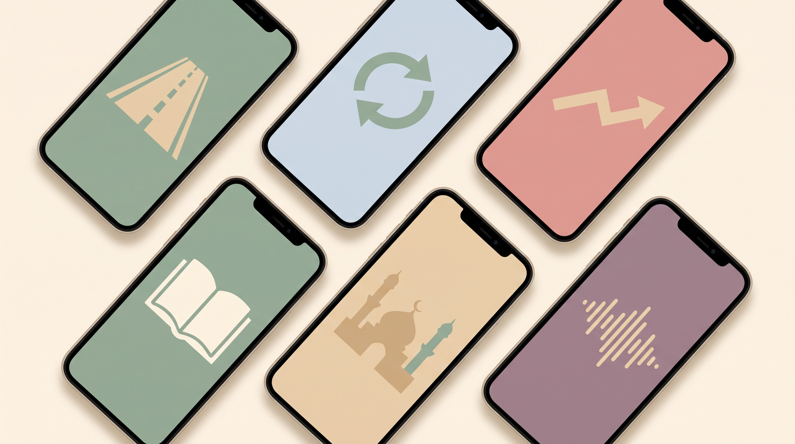 Six smartphones on a cream background representing six Qur'an app alternatives to Tarteel AI.