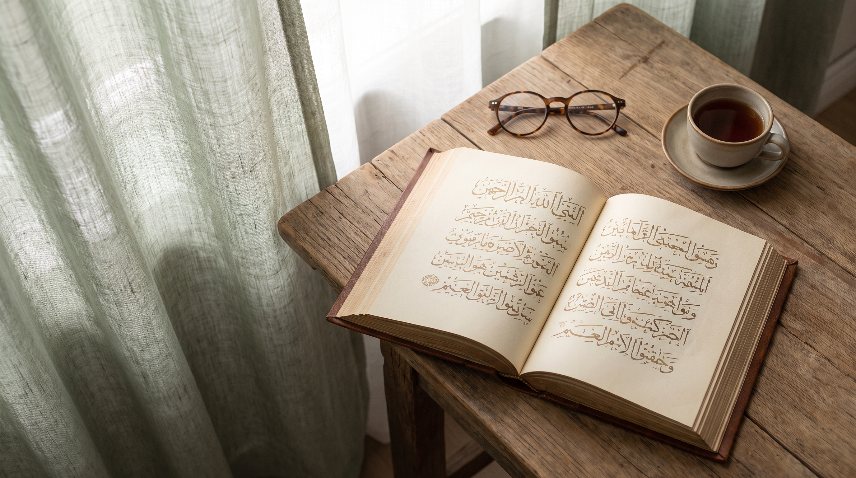 Open mushaf on a wooden table beside reading glasses and a cup of tea in soft morning light.