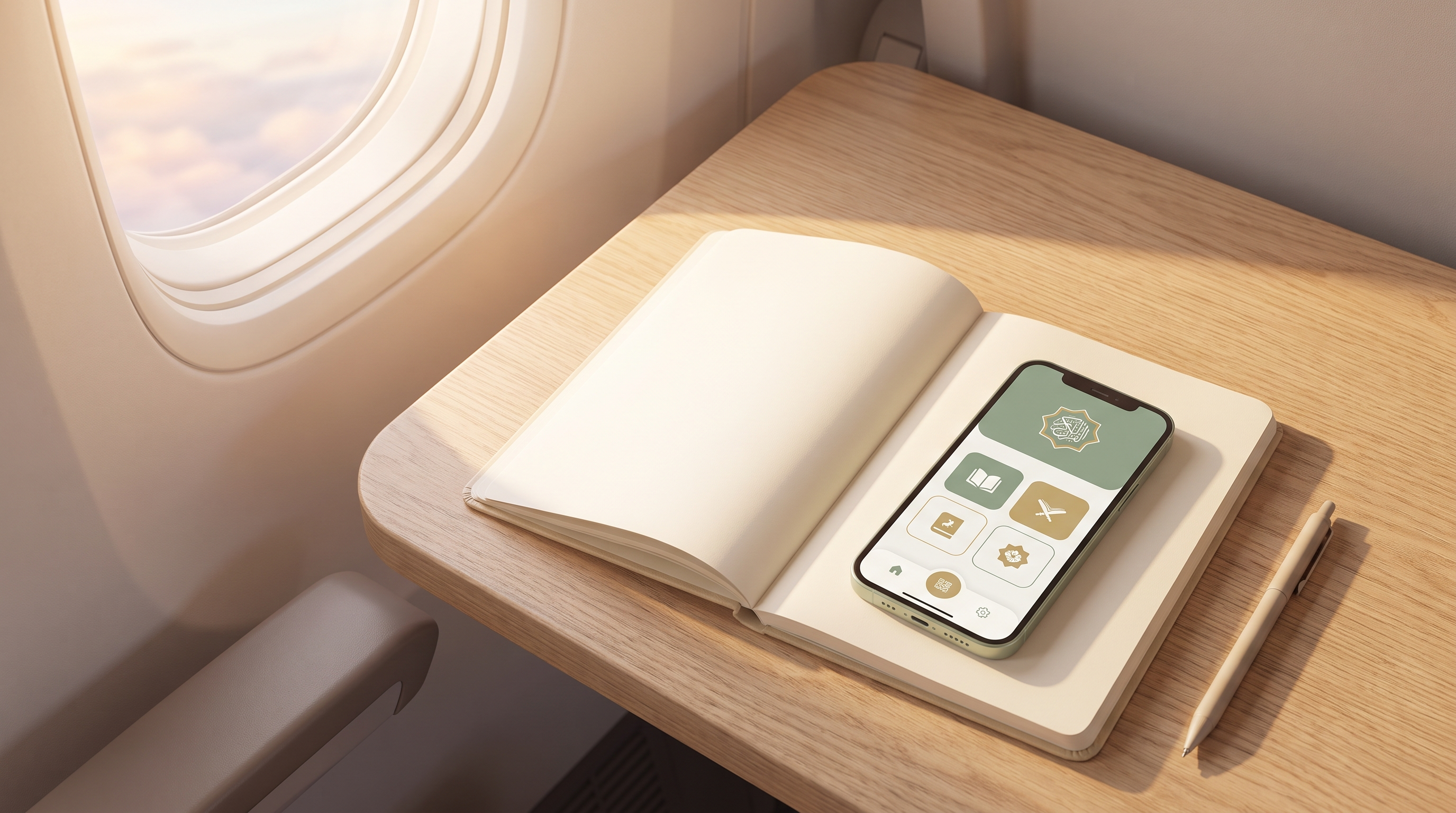 Smartphone open to a Qur'an memorization app on an airplane tray-table beside a small notebook, morning light from the window.