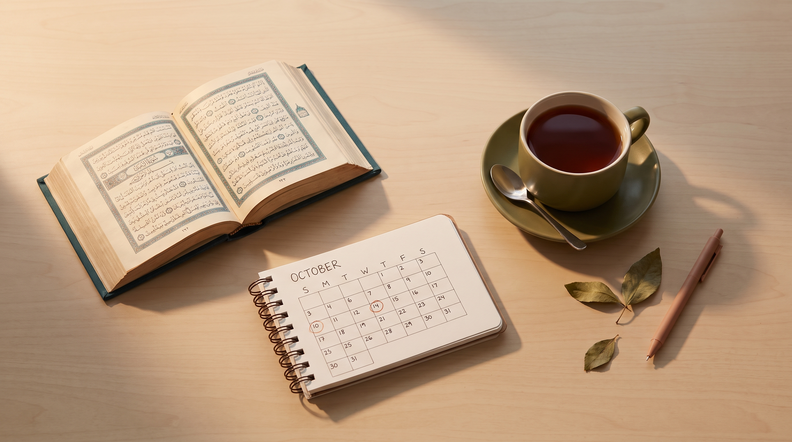 Overhead view of an open Qur'an next to a monthly planning notebook and a cup of tea on a wooden desk in warm morning light.