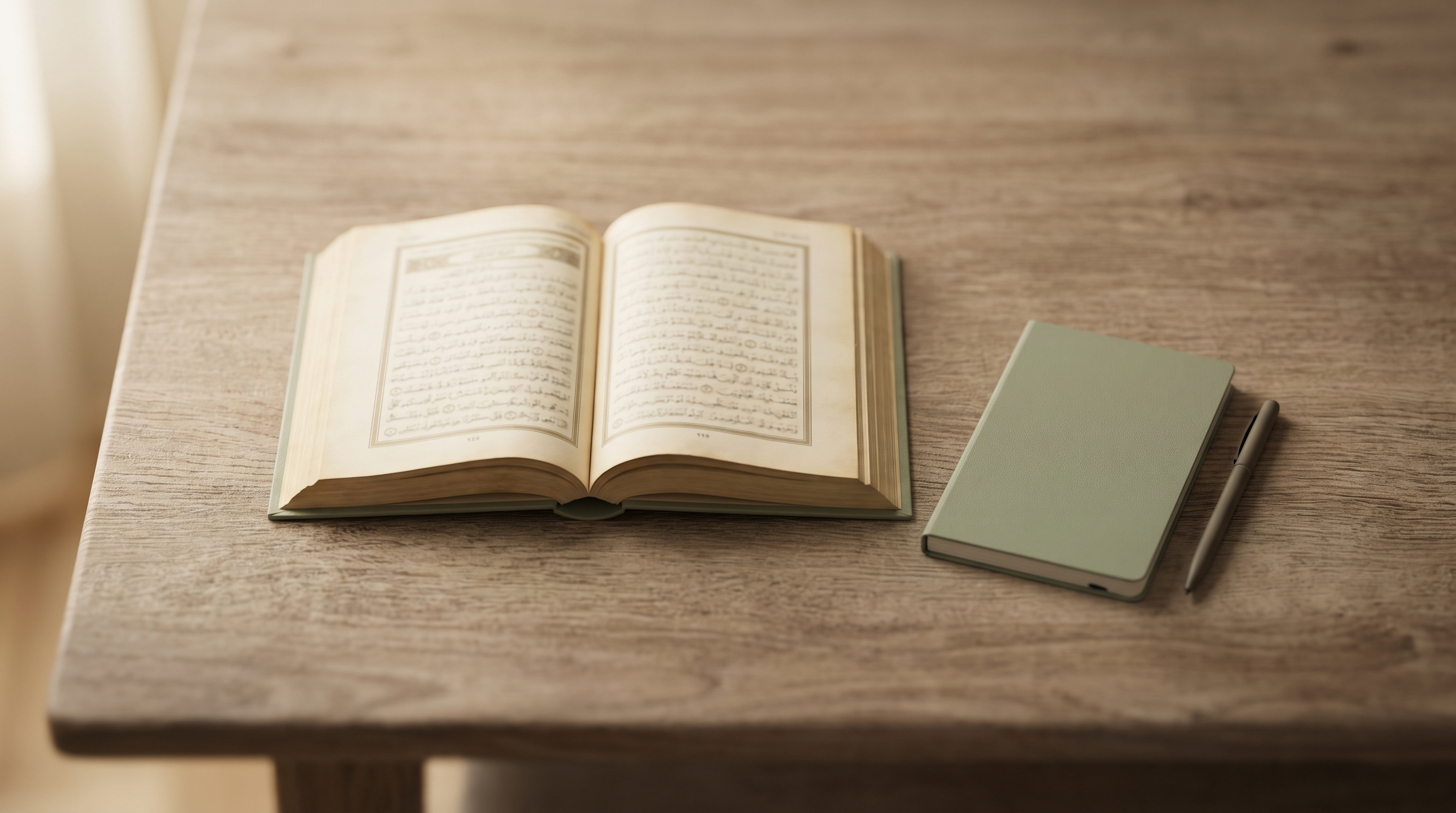 Open Qur'an on a wooden desk beside a small notebook, soft morning light.