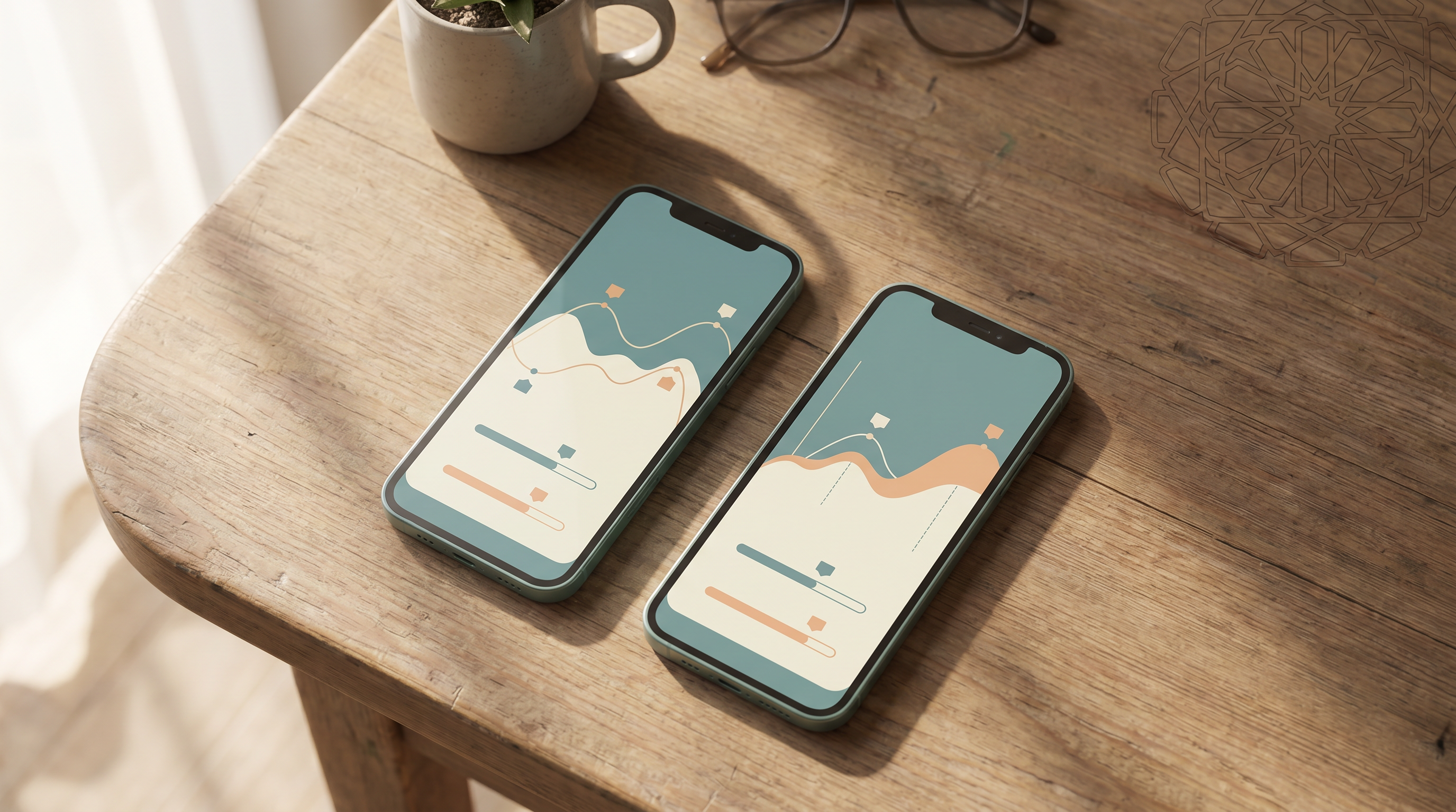 Two smartphones side by side showing abstract Quran memorization streak trackers on a warm wooden desk.