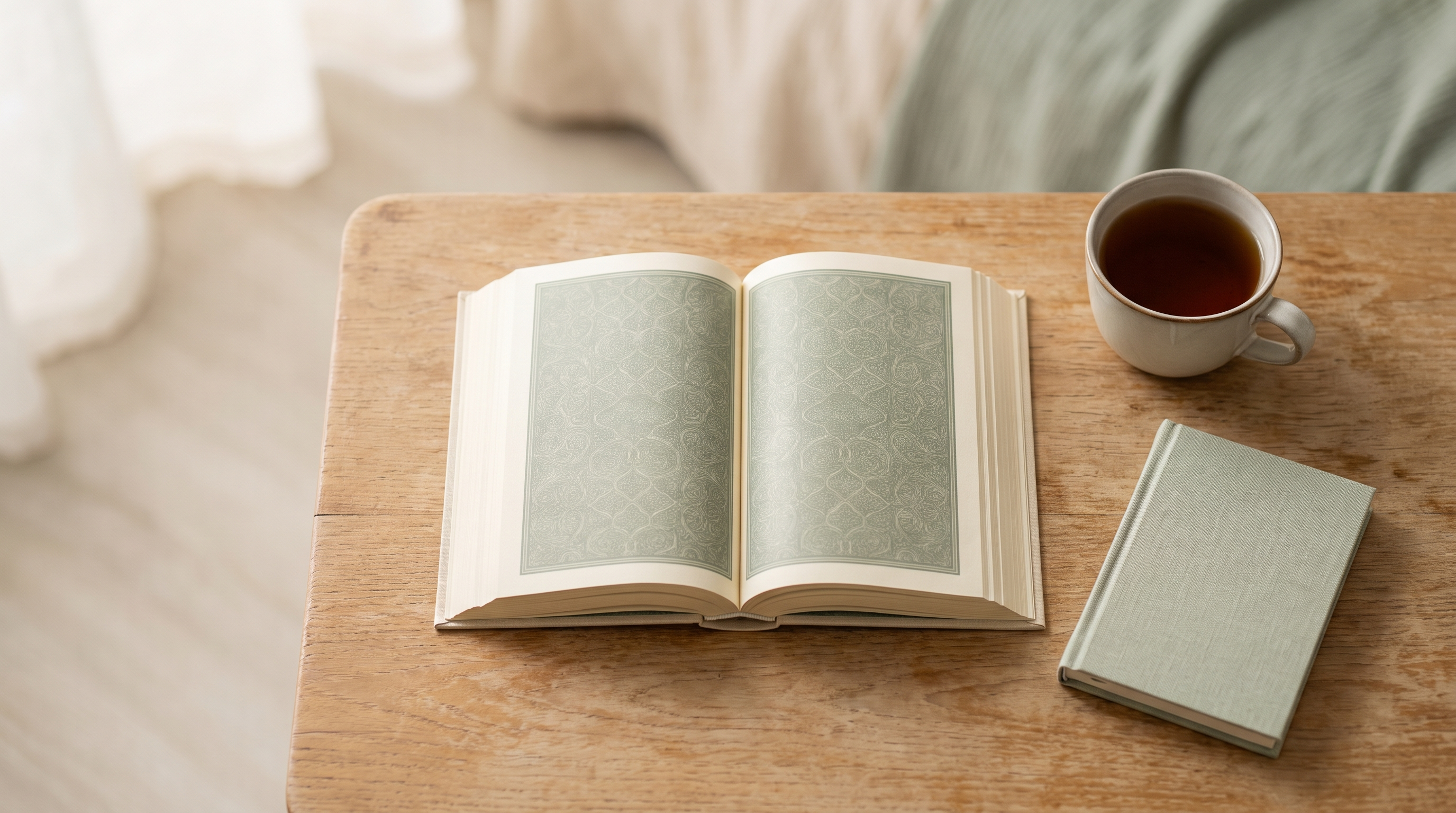 An open mushaf on a wooden desk in soft morning light, next to a notebook and a cup of tea — a calm study setup for daily memorization.