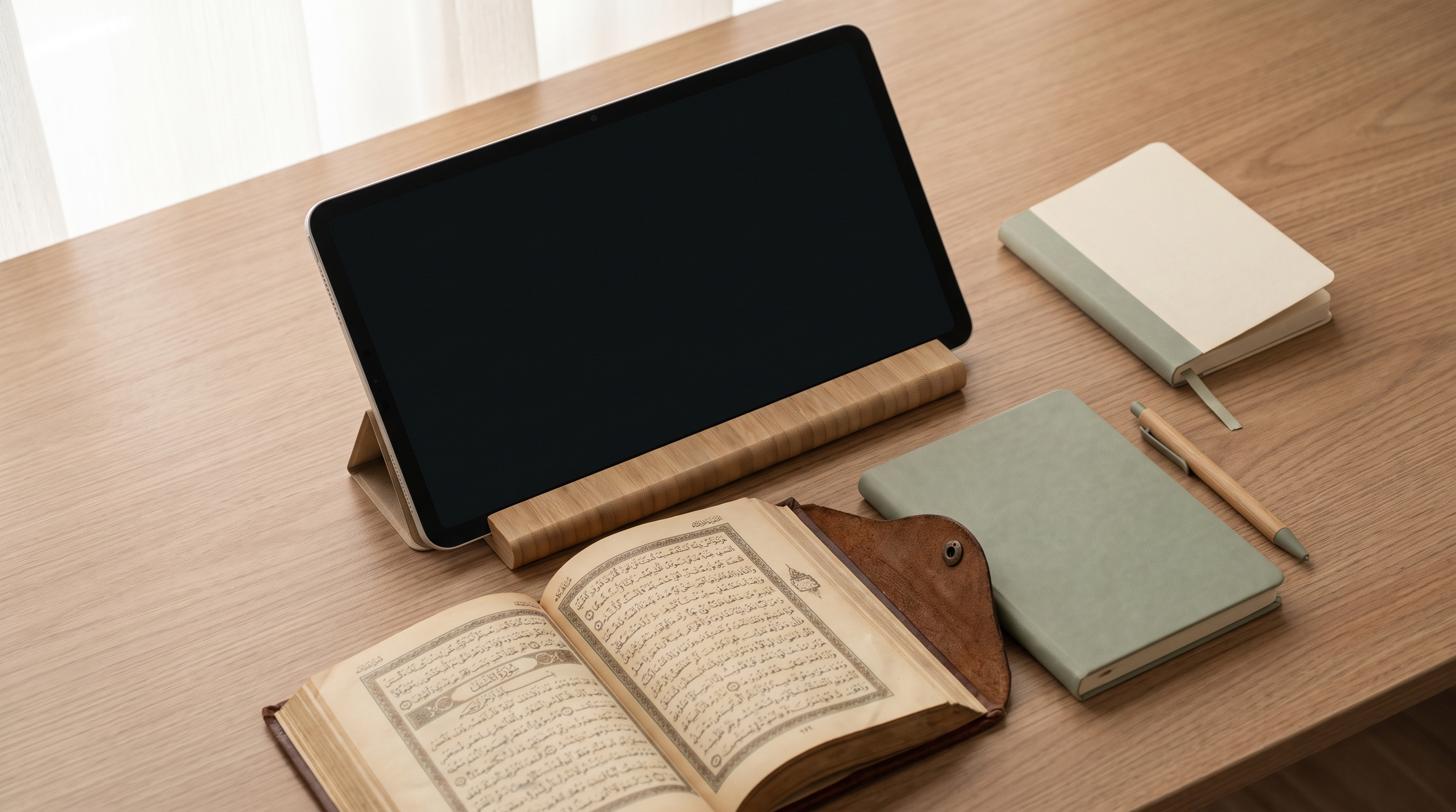 Overhead view of a tablet next to an open mushaf and a notebook on a wooden desk in soft morning light.