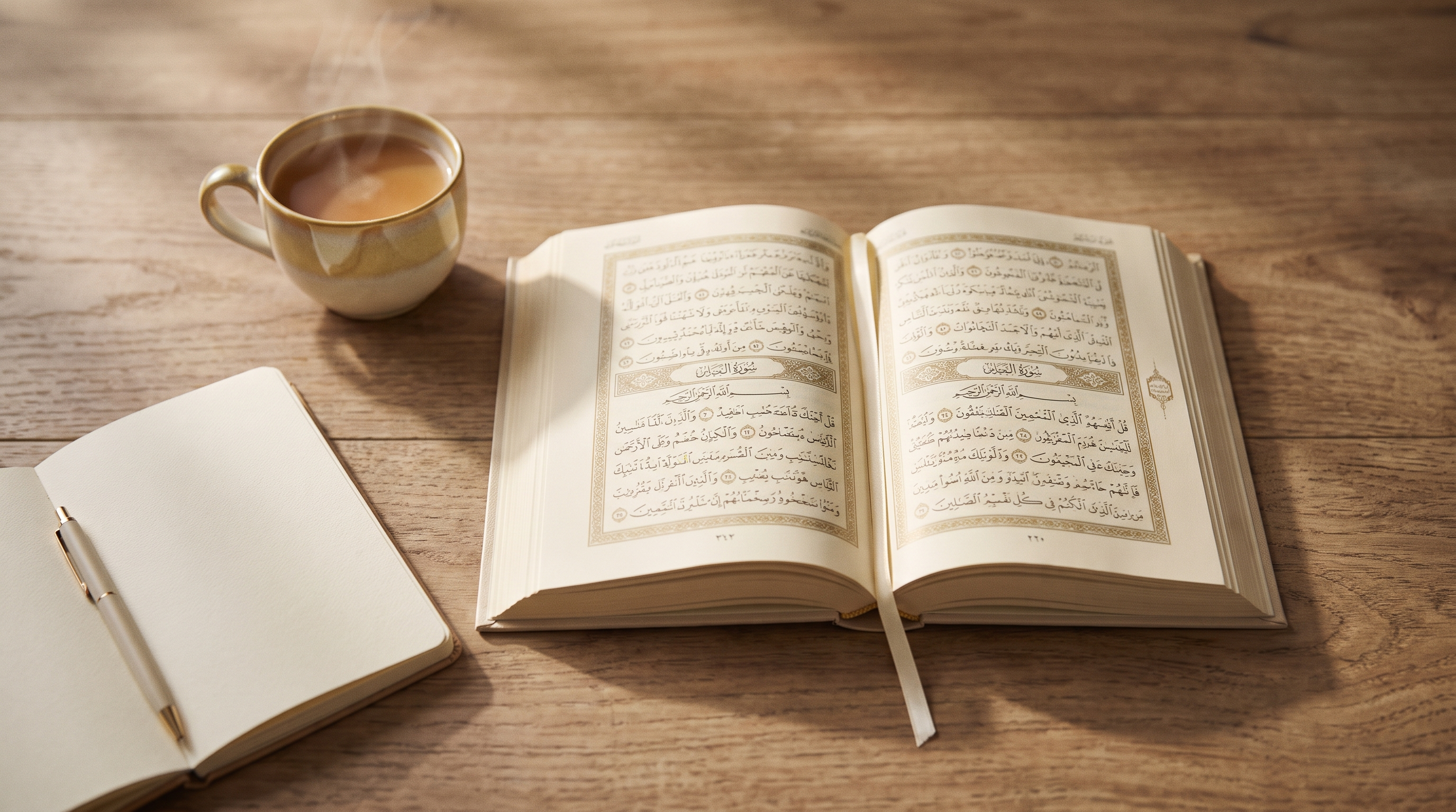 An open Mushaf on a warm wooden table beside a notebook in soft morning light, symbolising a calm daily study routine for memorizing the 99 Names of Allah.