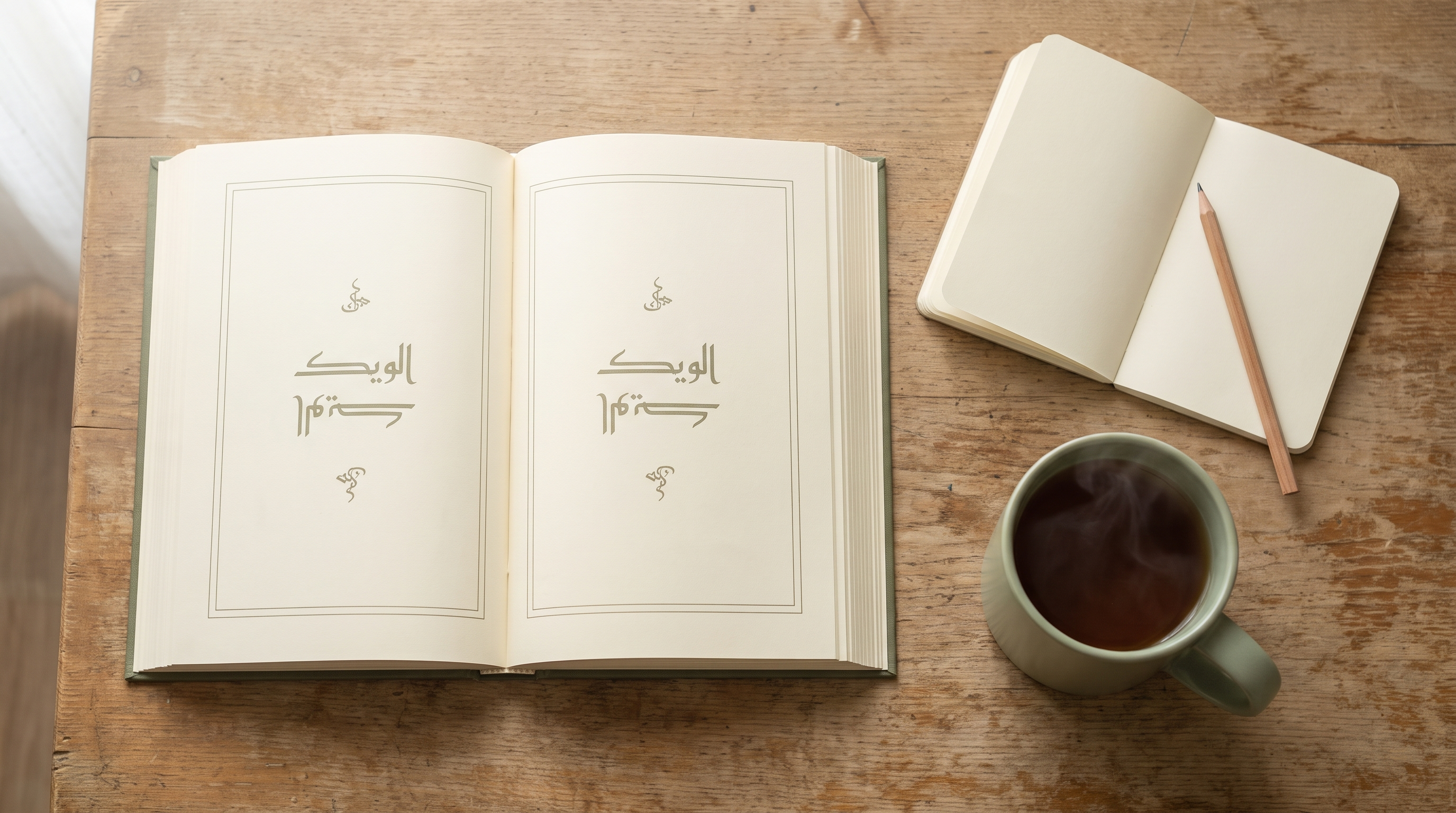 Overhead view of an open Qur'an on a wooden table next to a notebook and cup of tea in soft morning light.