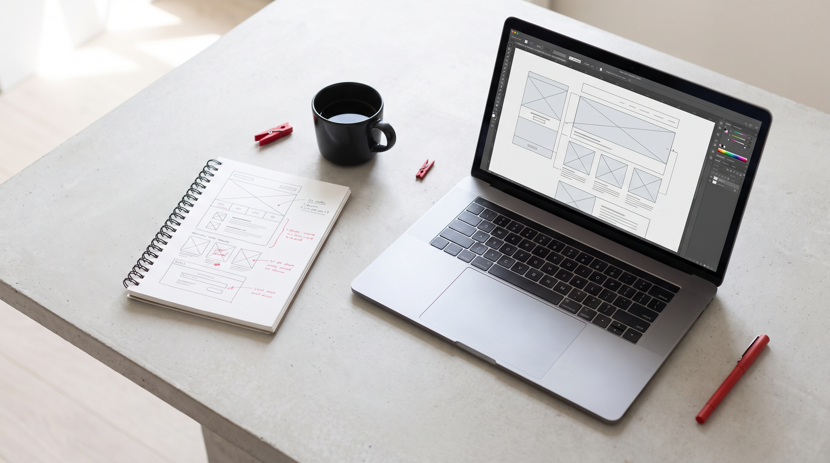 Poste de travail moderne avec un ordinateur portable affichant un wireframe de refonte de site web et un carnet d'esquisses UI.