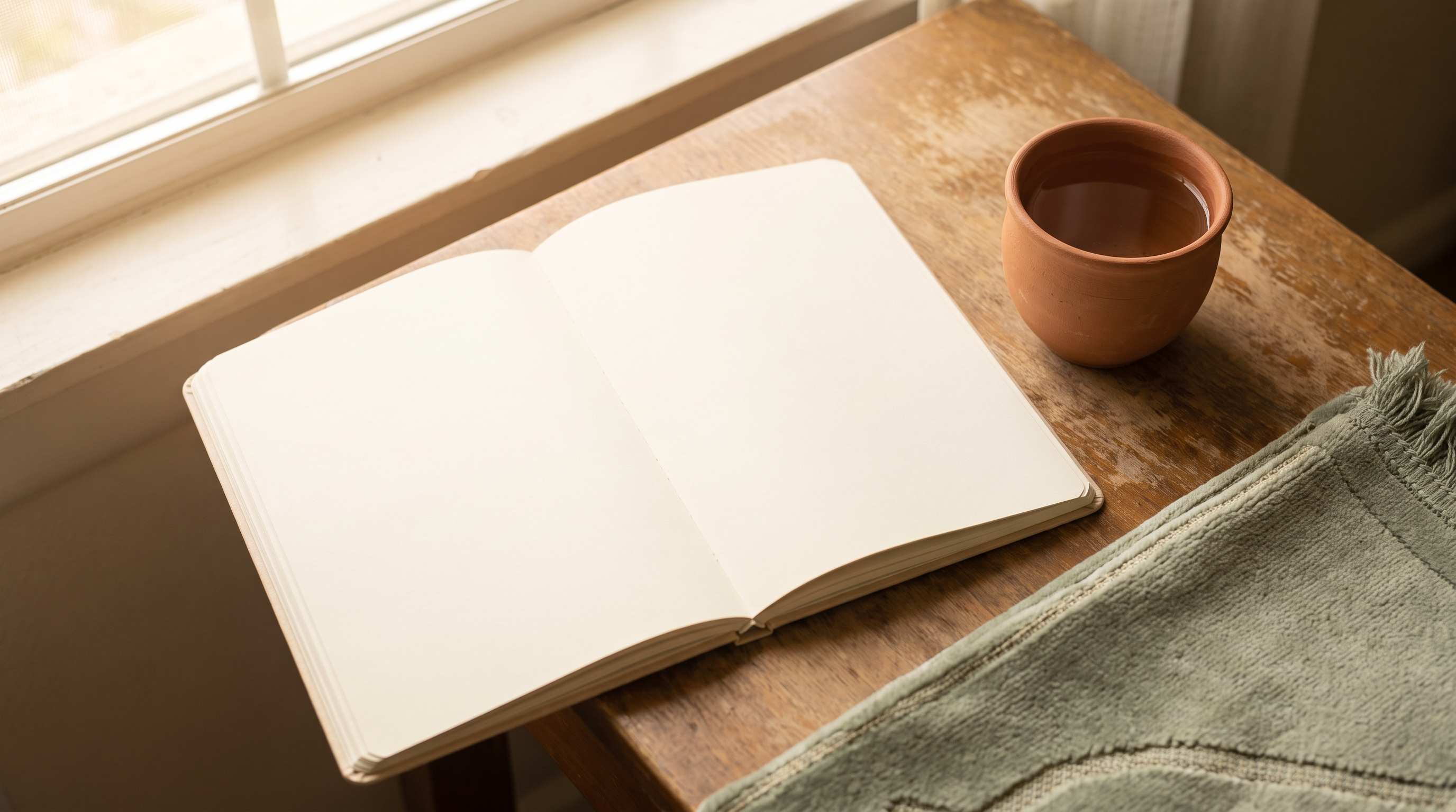 Notebook, cup of water, and folded prayer mat on a wooden desk in soft morning light, symbolising a quiet daily dua routine.