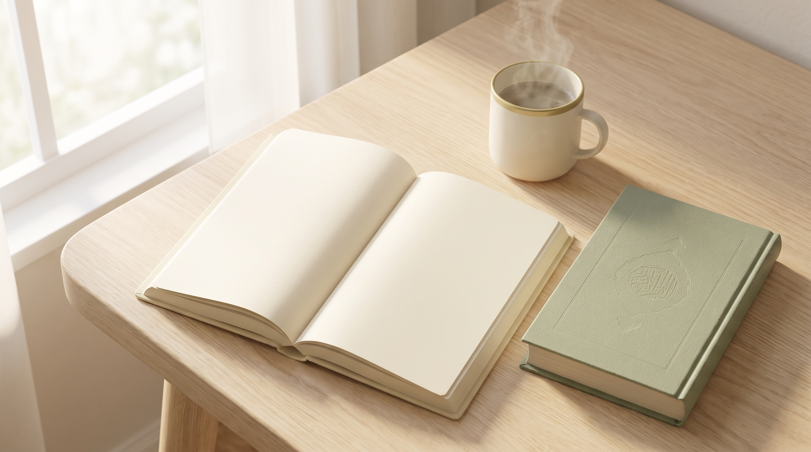 Overhead view of an open notebook, closed Qur'an, and a cup of tea on a wooden desk in warm morning light