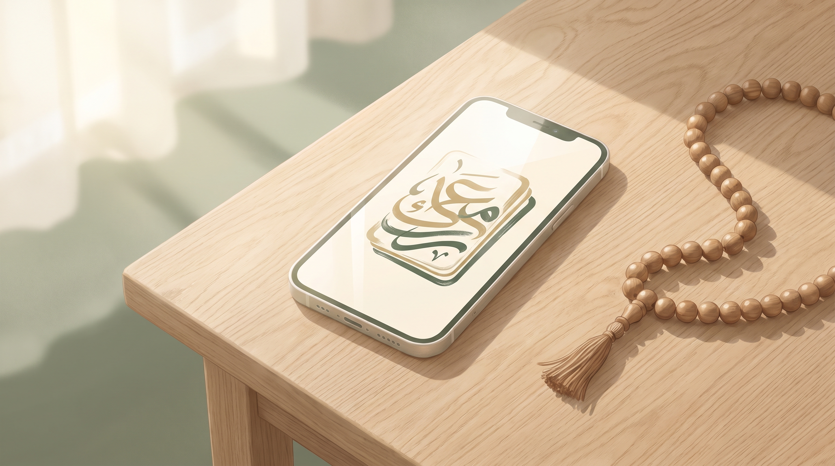 Overhead illustration of a smartphone on a wooden table beside a strand of prayer beads, warm morning light.