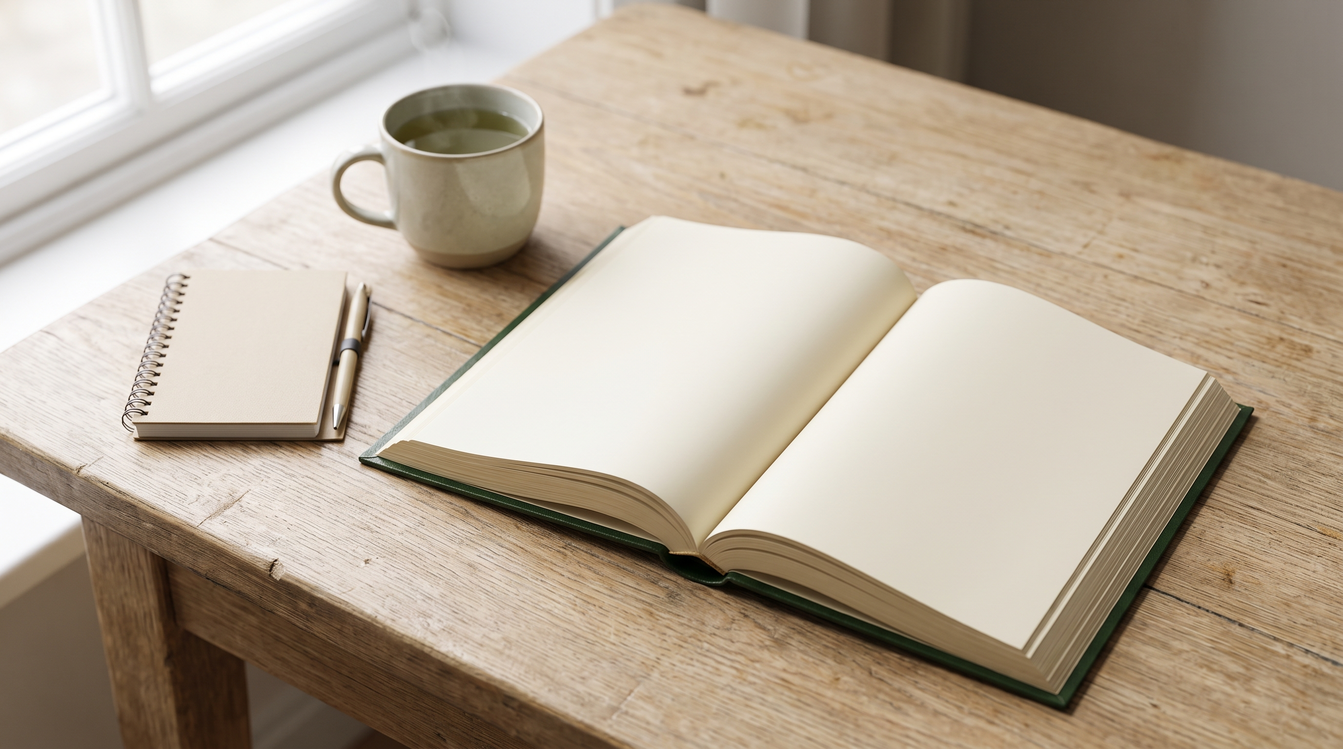 An open Qur'an on a wooden desk in soft morning light beside a notebook, symbolising seeking knowledge.