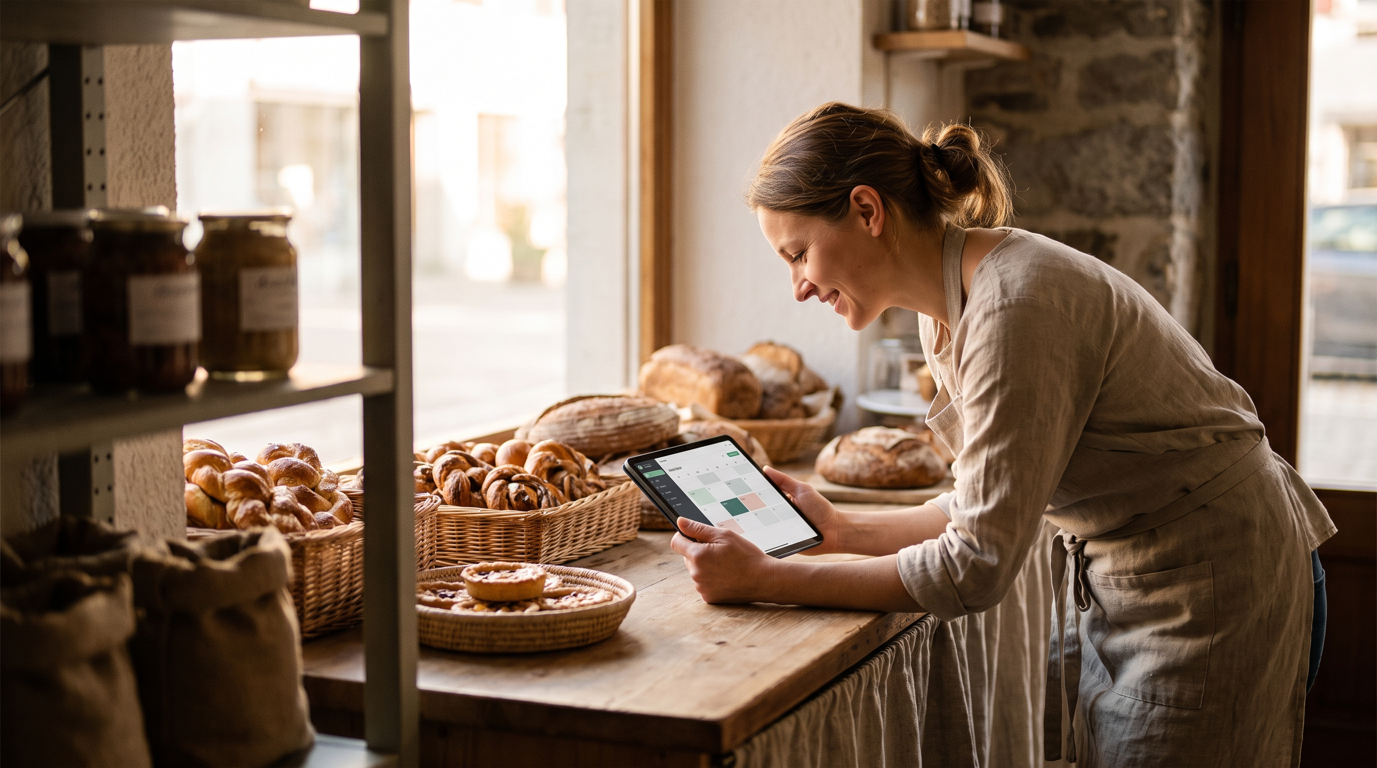 Commerçant local suisse consultant une tablette derrière son comptoir dans une boutique chaleureuse.