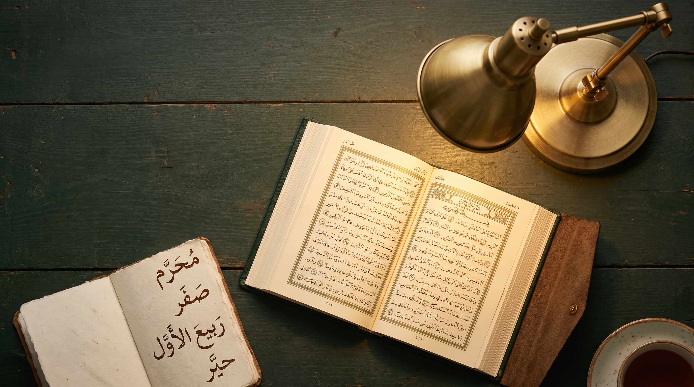 Overhead view of an open Mushaf on a wooden desk beside a notebook and a warm brass lamp, evoking a calm year-long study rhythm.