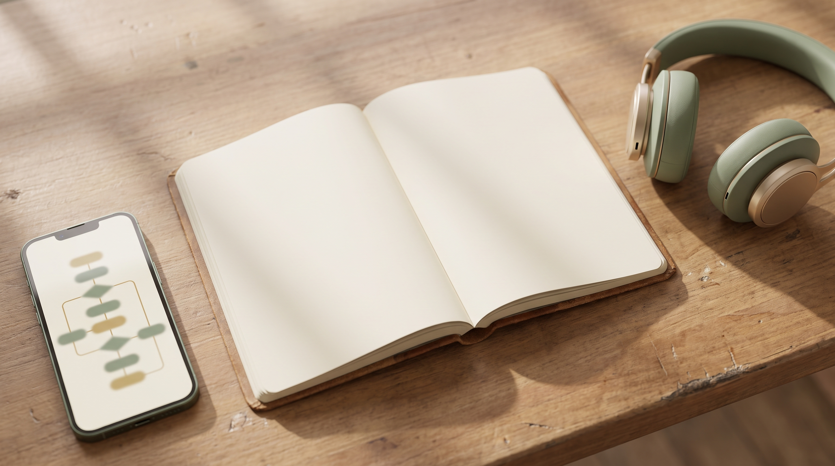 Overhead view of an open Qur'an on a wooden desk beside a smartphone and headphones in soft morning light.
