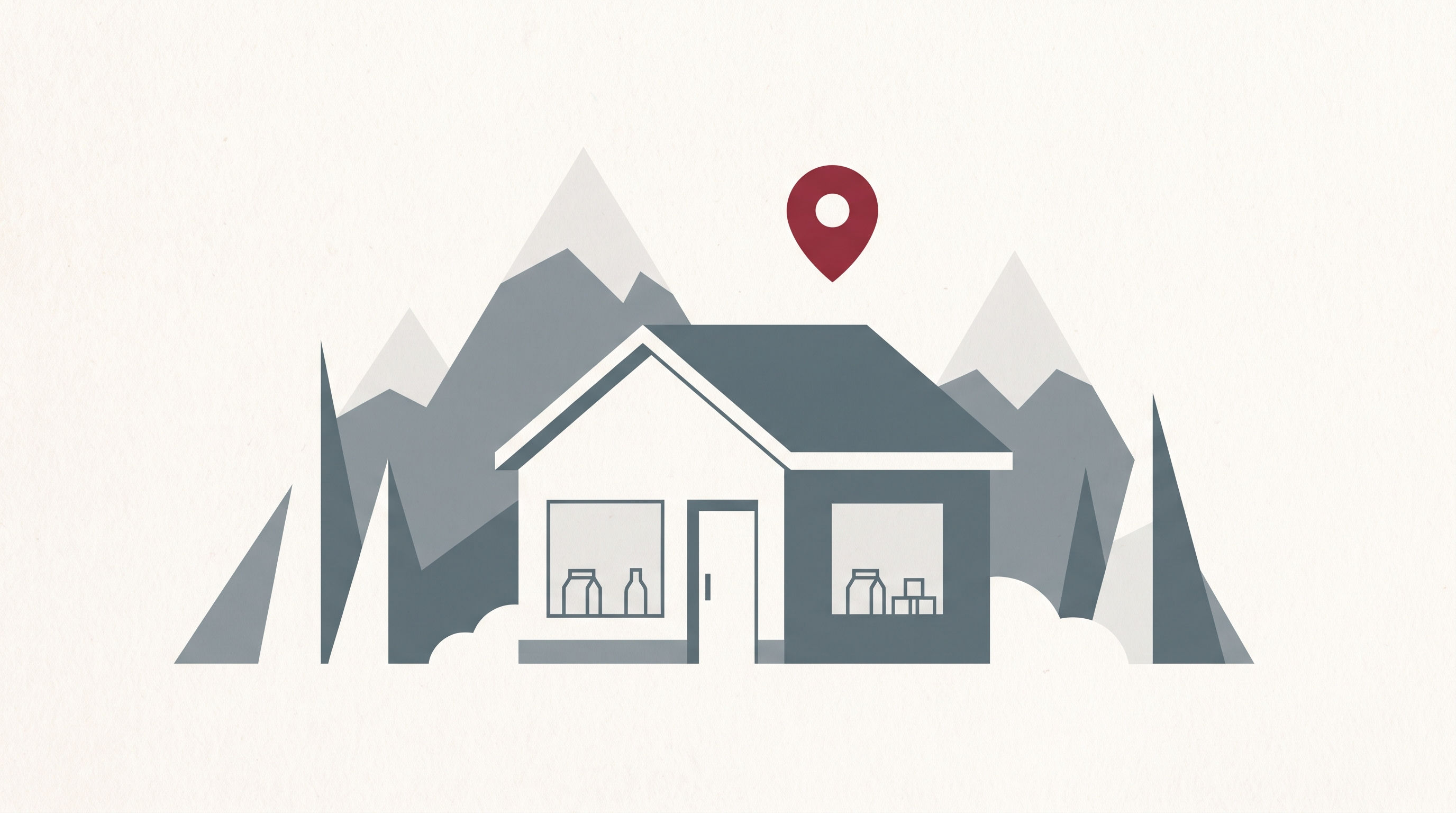 Devanture d'un commerce de quartier en Suisse romande surmontée d'un pictogramme de repère cartographique.