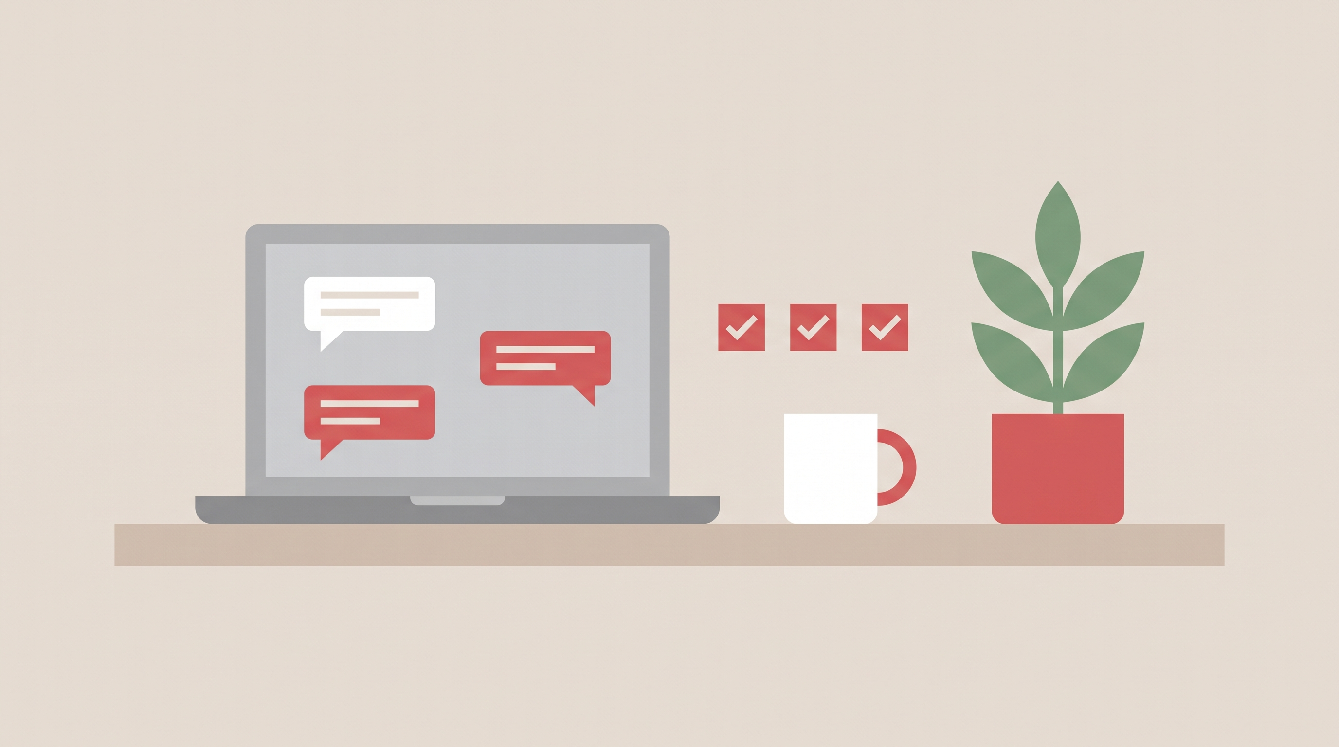 Illustration d'un bureau de PME avec un ordinateur portable affichant un assistant IA conversationnel, style minimaliste suisse.