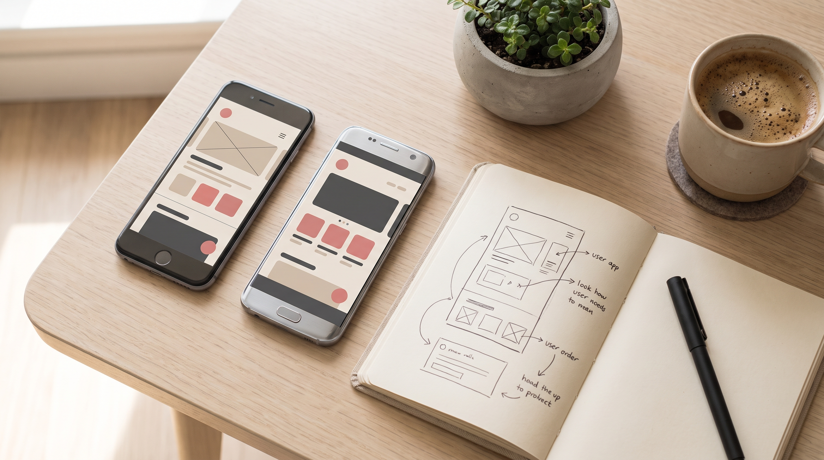 Bureau minimaliste avec deux smartphones affichant des maquettes d'application et un carnet de croquis UX.