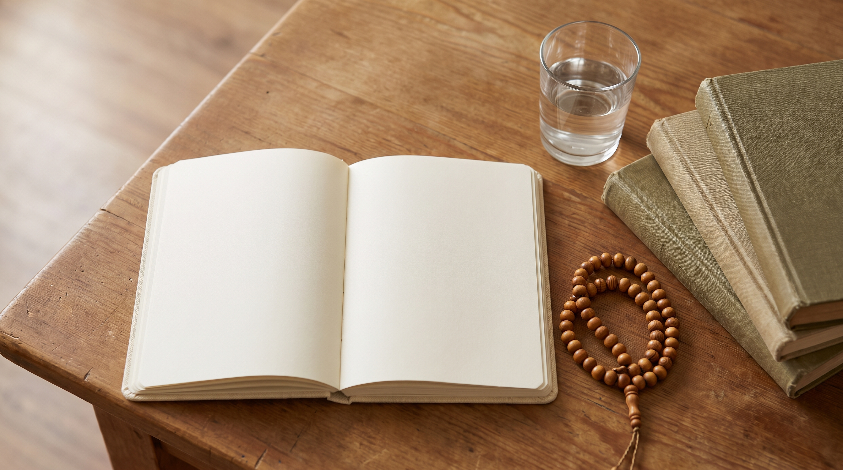Open notebook, small stack of Islamic books, glass of water and prayer beads on a wooden desk in warm morning light.