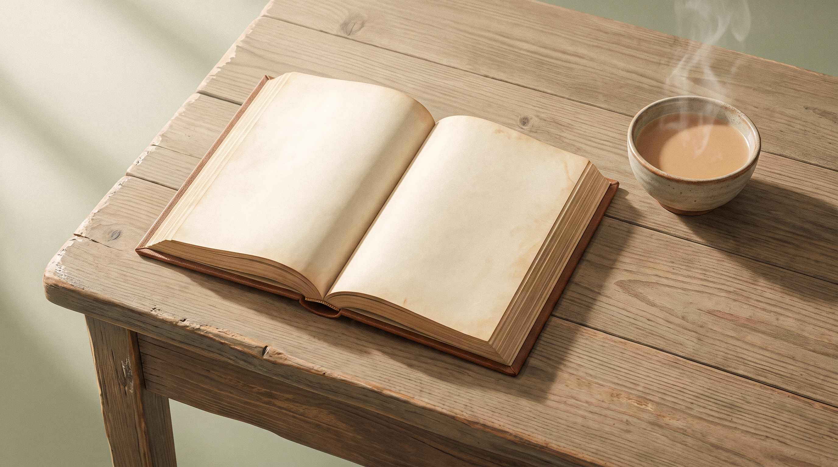 Overhead view of an open Mushaf on a wooden table with a small cup of tea in soft morning light.