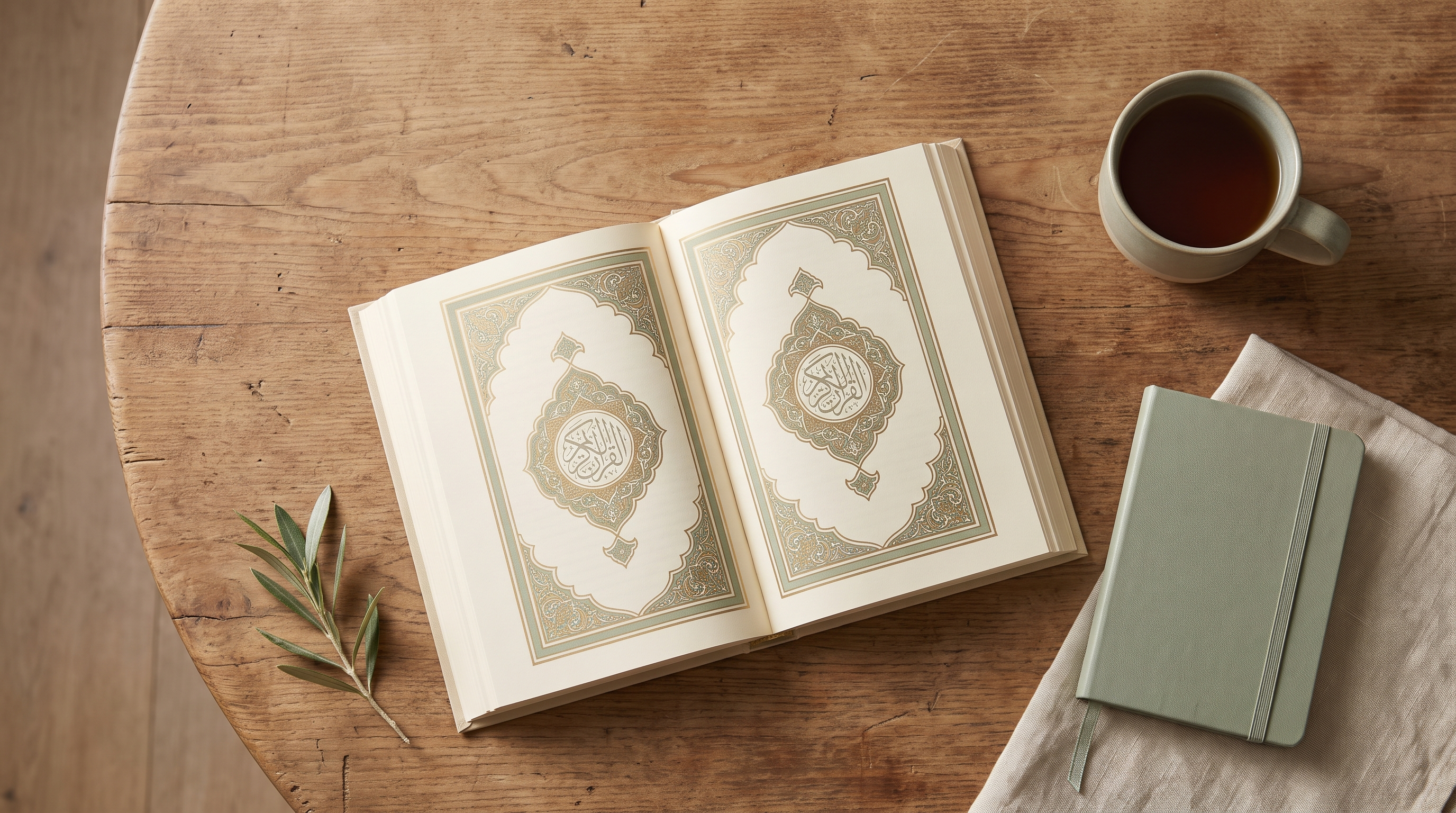 Open Qur'an on a wooden table beside a notebook and cup of tea in soft morning light