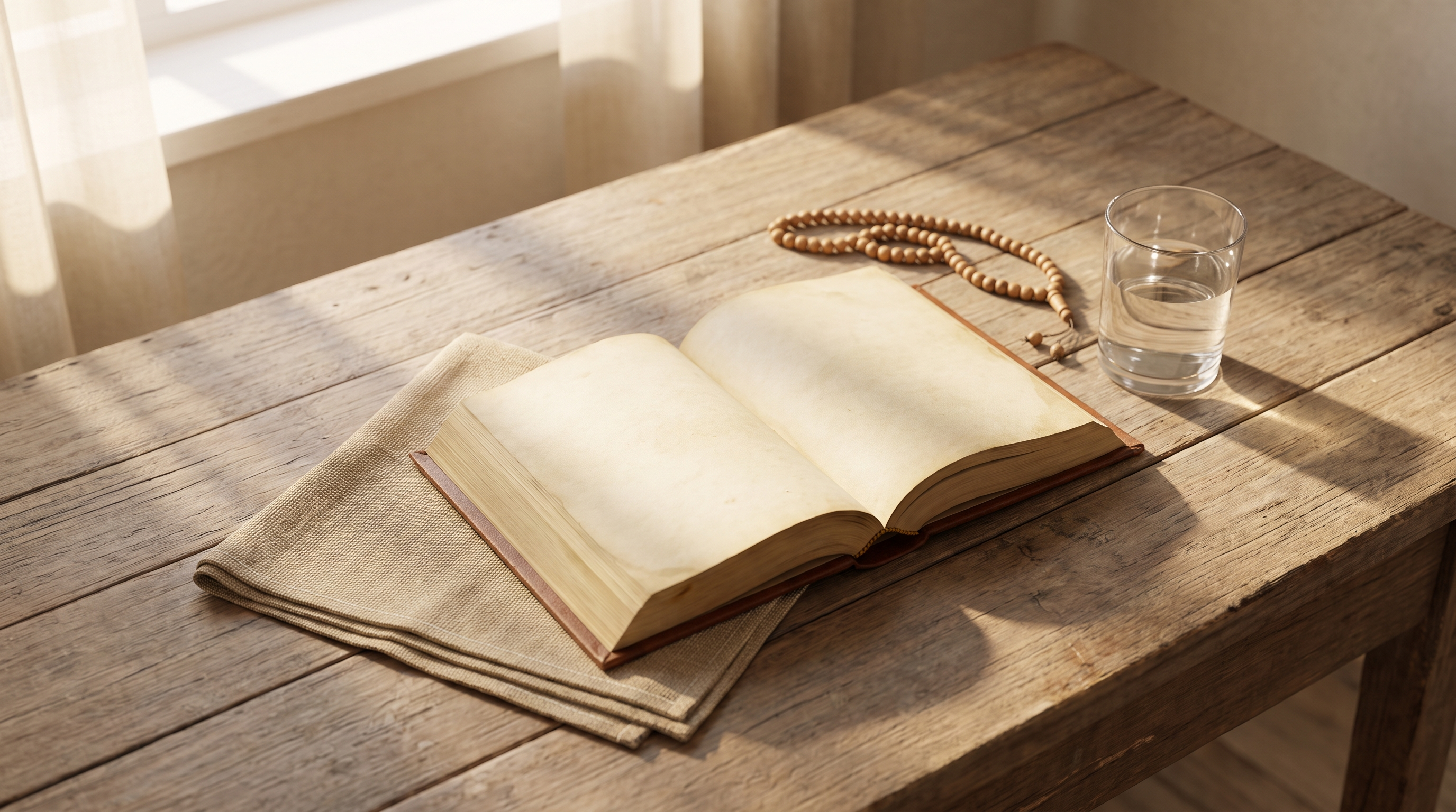 Open Mushaf and a wooden tasbih on a warm-toned table in soft morning light, symbolising the ten days of Dhul Hijjah.