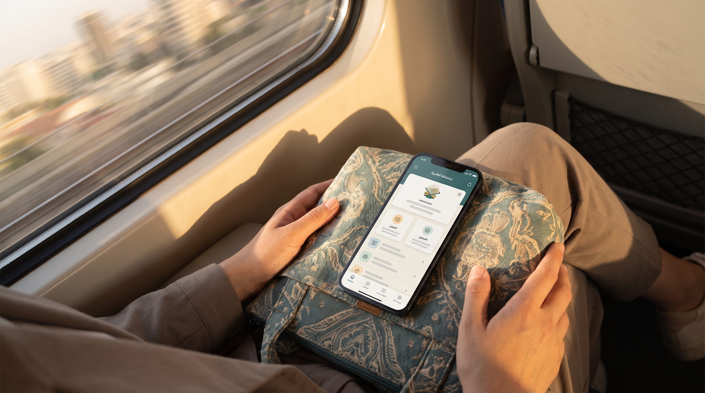 Smartphone showing a Qur'an memorization app on a commuter's lap on a moving train in warm morning light.