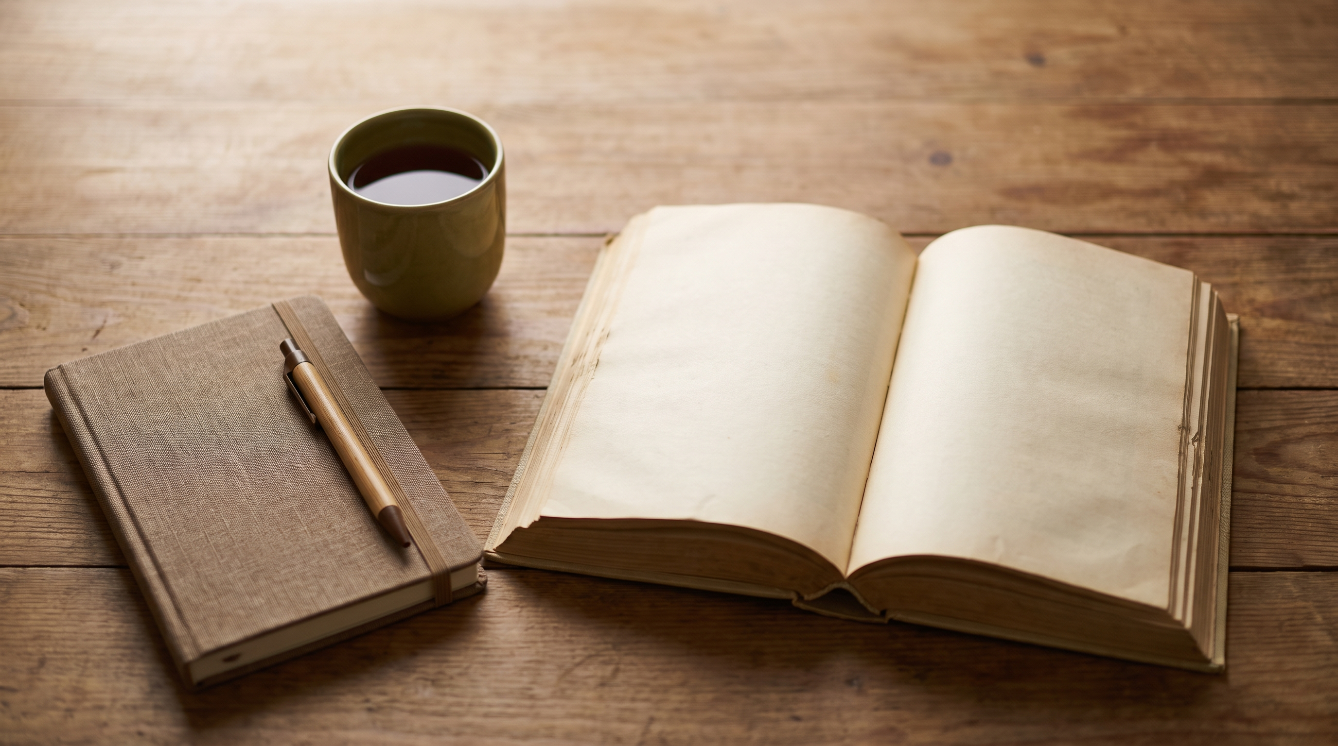 Open Mushaf on a wooden table beside a notebook and a cup of tea in soft morning light.