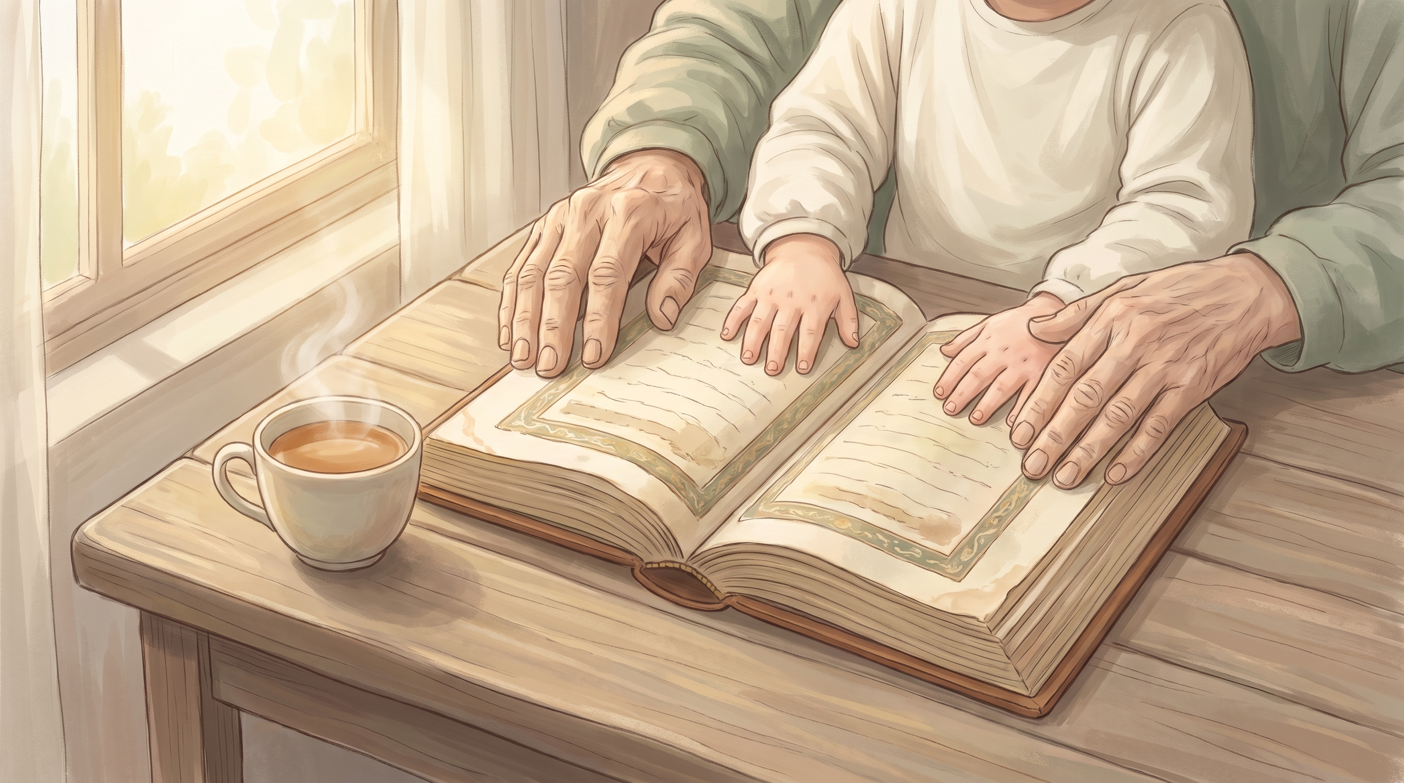 Overhead illustration of an older person's hands and a child's hands together on an open Mushaf beside a cup of tea in soft morning light.