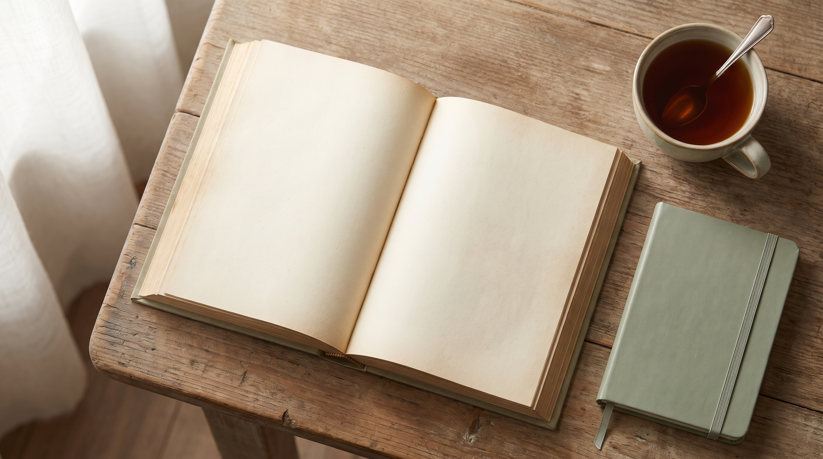 Open Mushaf resting on a wooden desk in soft morning light, next to a notebook and a cup of tea.