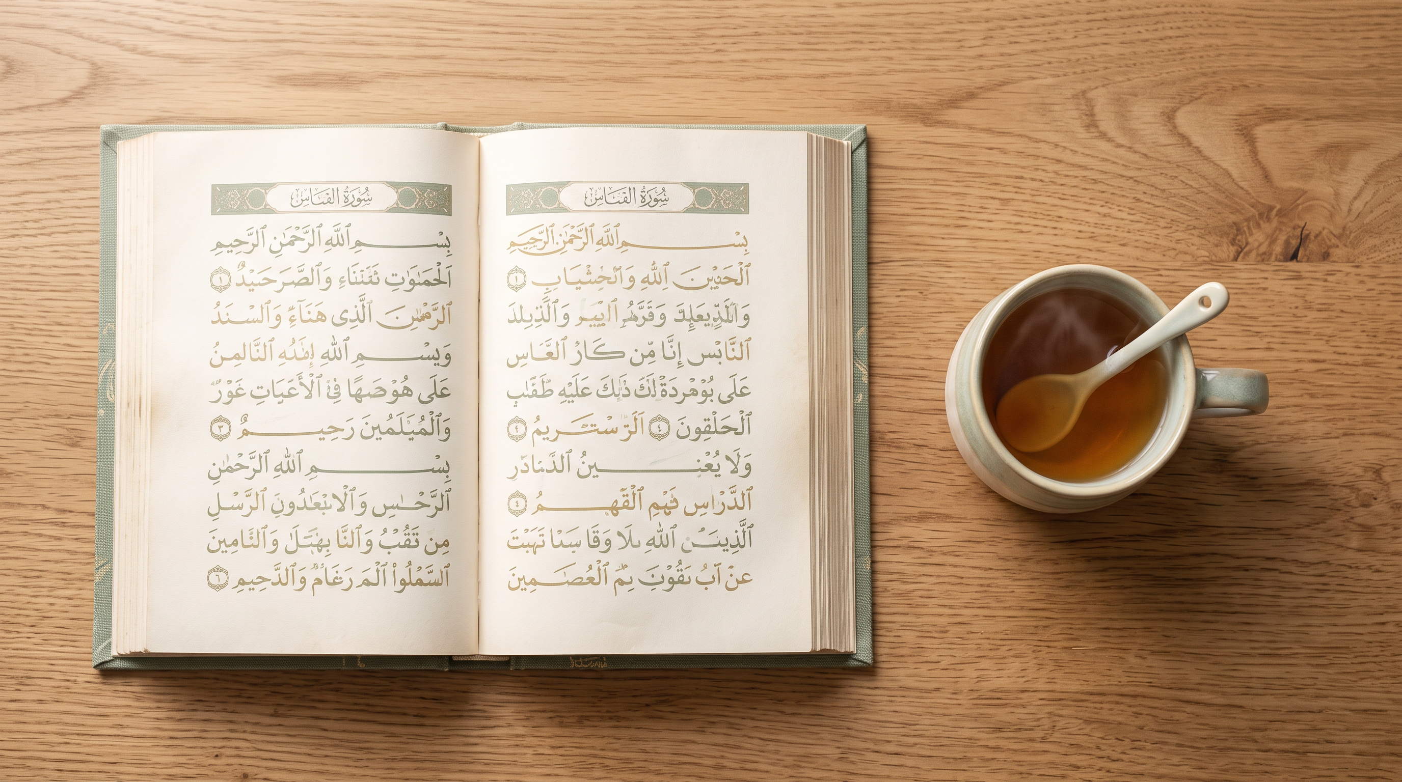 Open Qur'an on a wooden table in soft morning light, evoking peace and reflection.