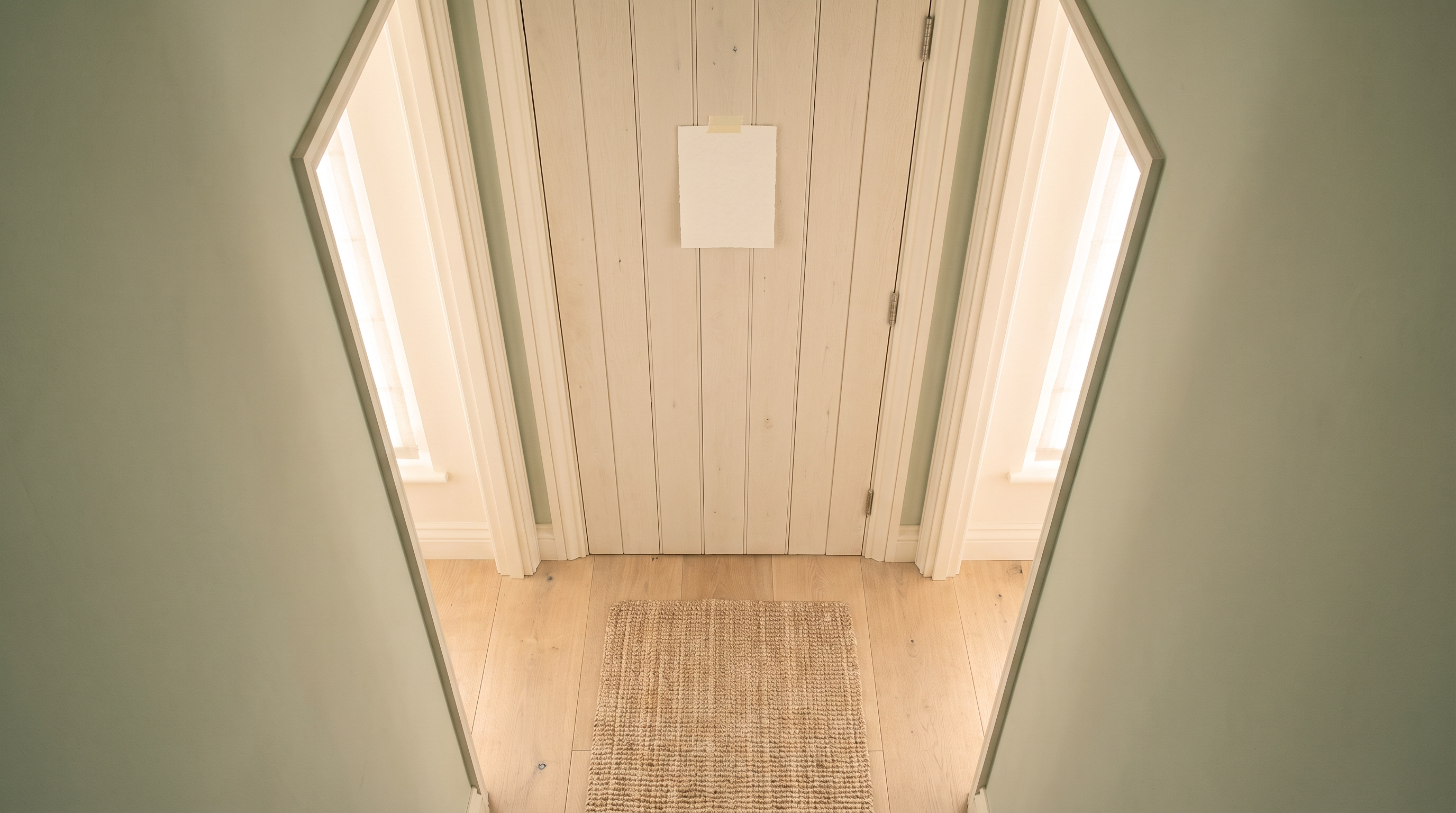 A softly lit hallway with a closed wooden door and a small blank note pinned at eye level, illustrating a simple habit reminder.